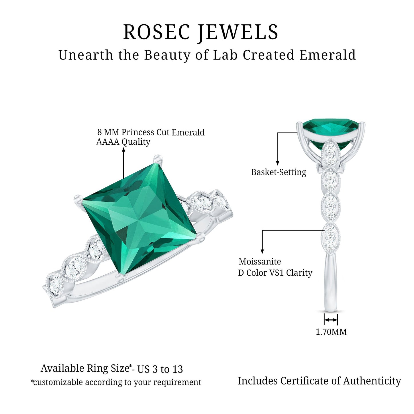 Certified 2 Carat Lab Grown Emerald Princess Cut Engagement Ring