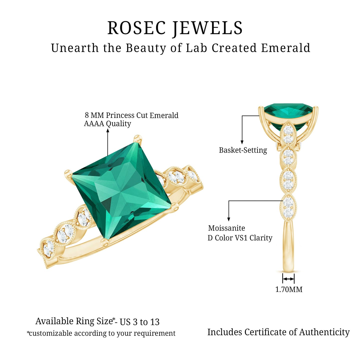 Certified 2 Carat Lab Grown Emerald Princess Cut Engagement Ring