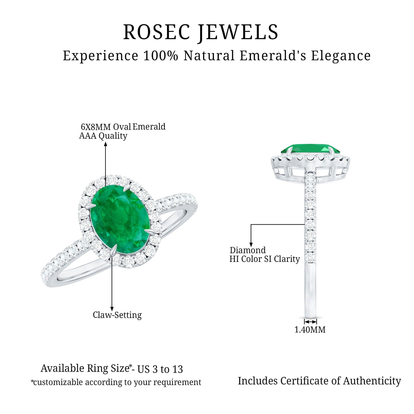 Genuine 6X8MM Oval Emerald Engagement Ring with Diamond Halo