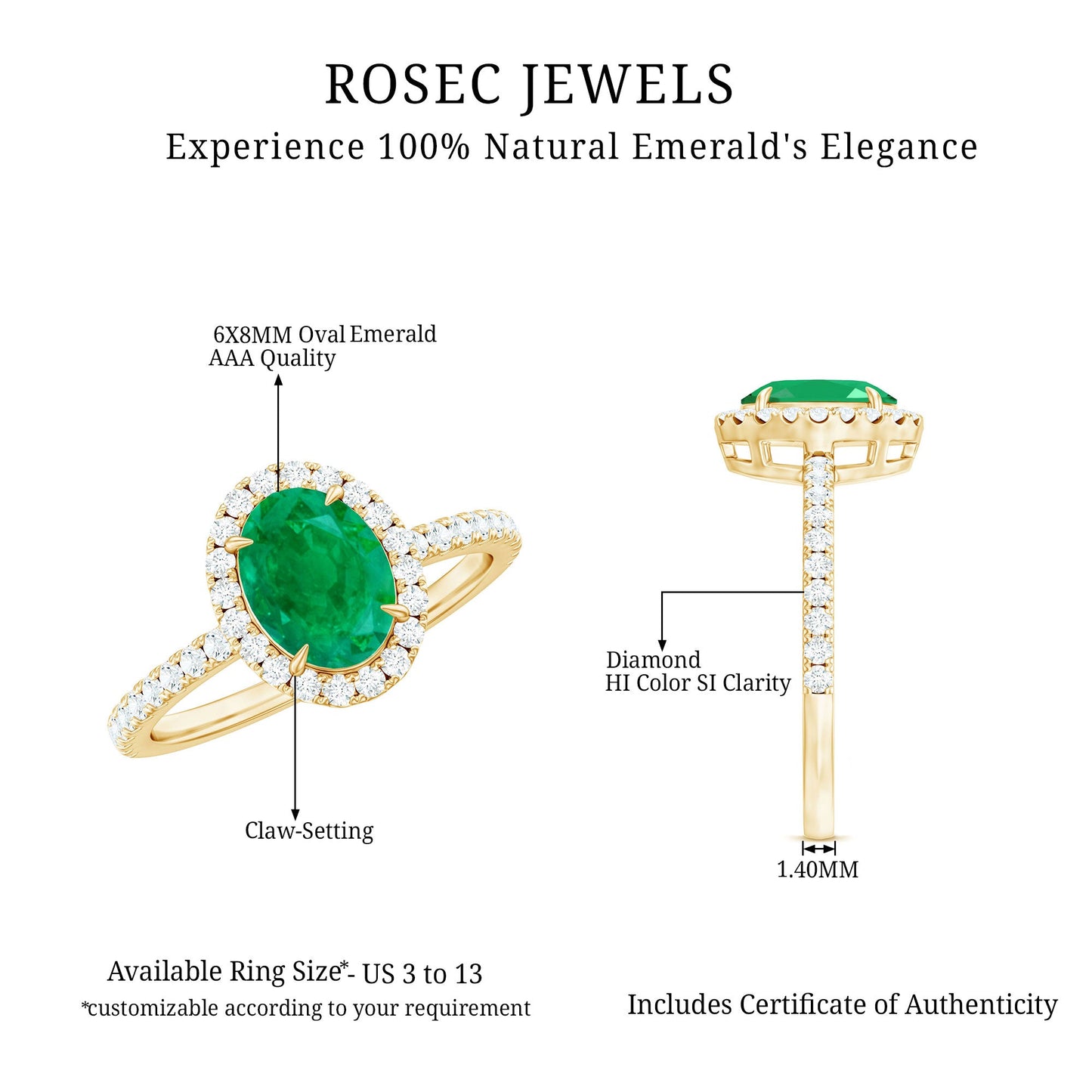 Genuine 6X8MM Oval Emerald Engagement Ring with Diamond Halo