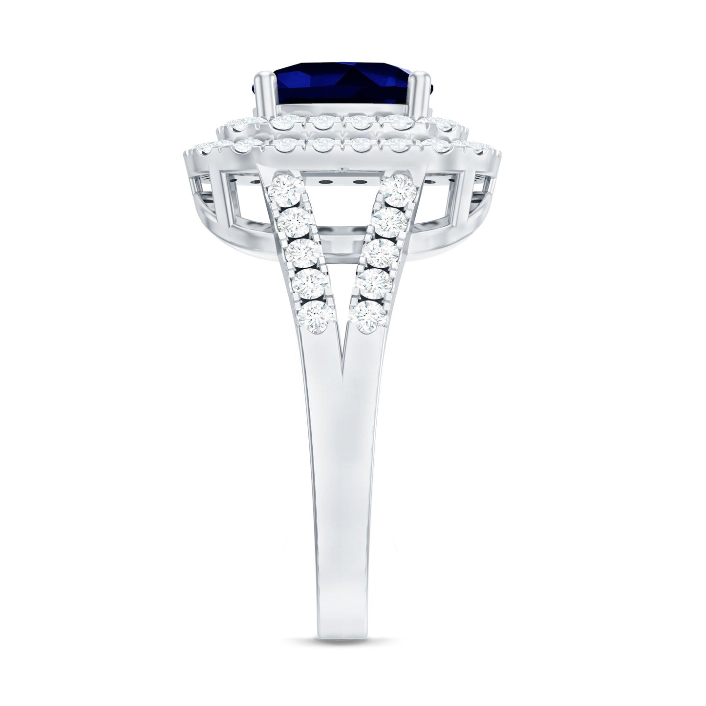 2.7 Carat Cushion Cut Lab Grown Blue Sapphire Engagement Ring with Double Halo