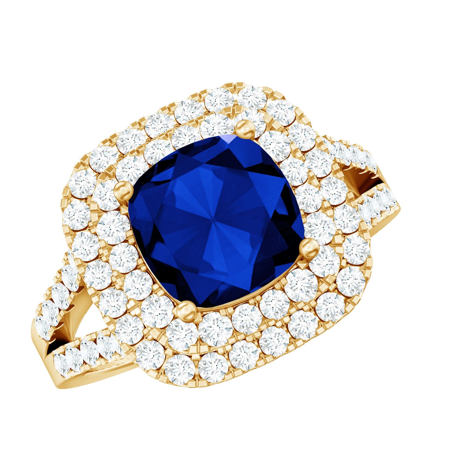 2.7 Carat Cushion Cut Lab Grown Blue Sapphire Engagement Ring with Double Halo
