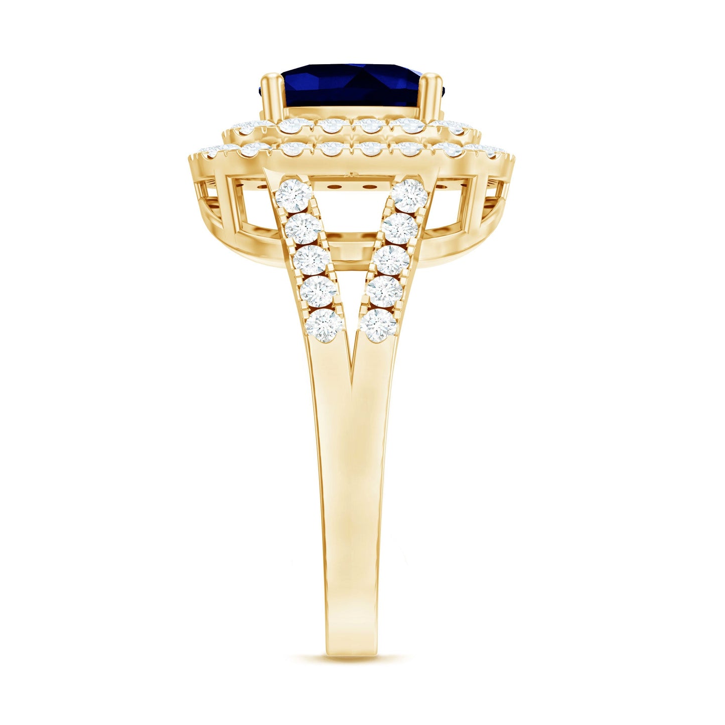 2.7 Carat Cushion Cut Lab Grown Blue Sapphire Engagement Ring with Double Halo