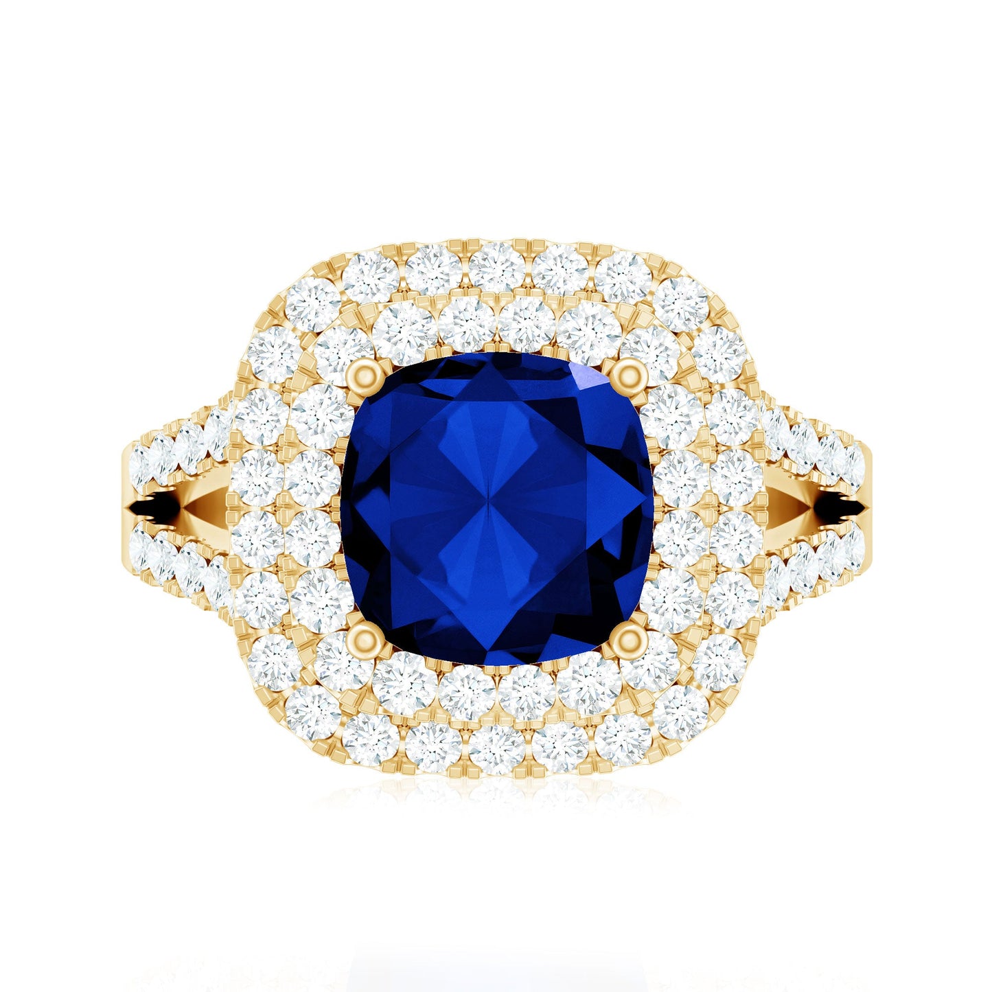 2.7 Carat Cushion Cut Lab Grown Blue Sapphire Engagement Ring with Double Halo