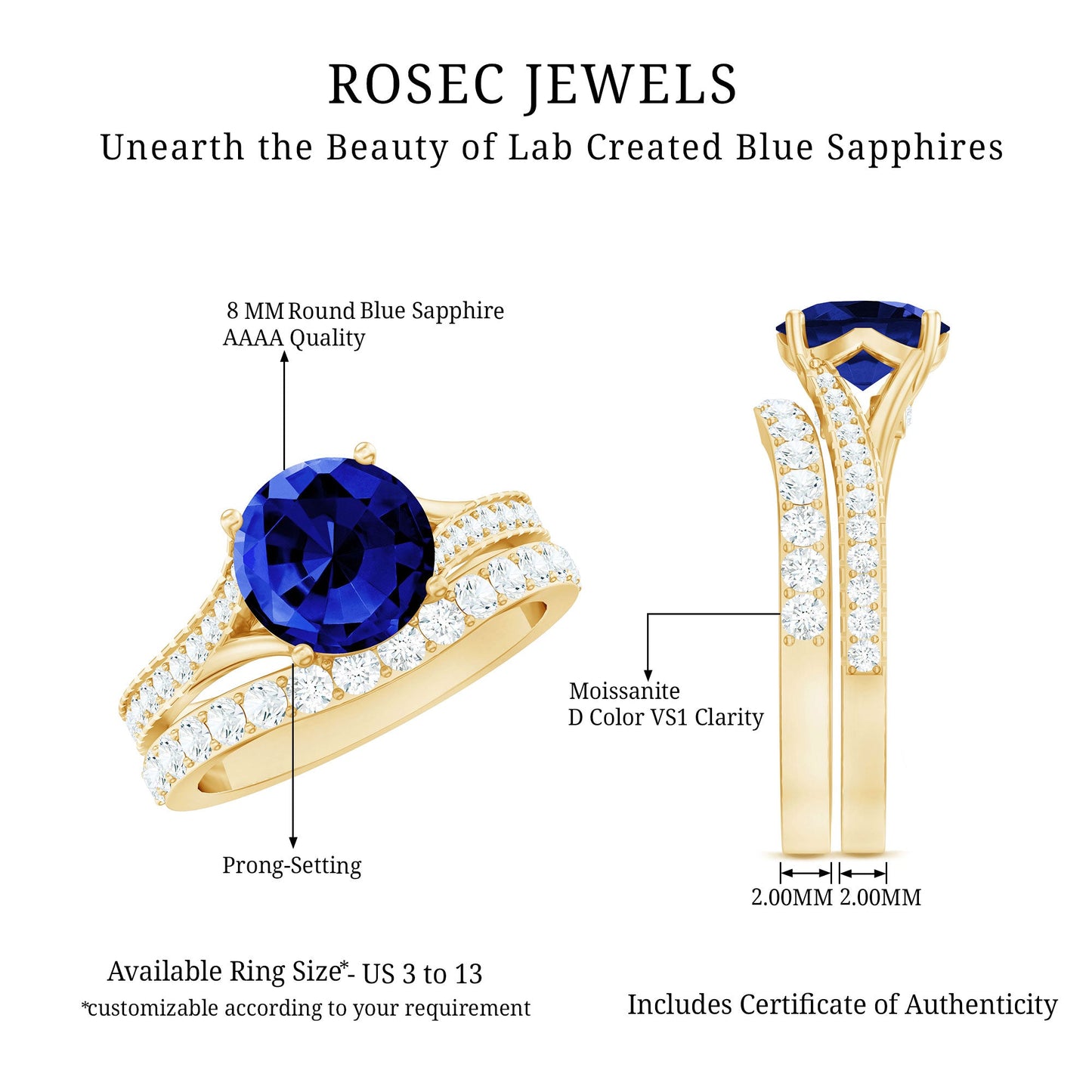Certified 2.7 Carat Lab Grown Blue Sapphire Engagement Wedding Ring Set with Moissanite