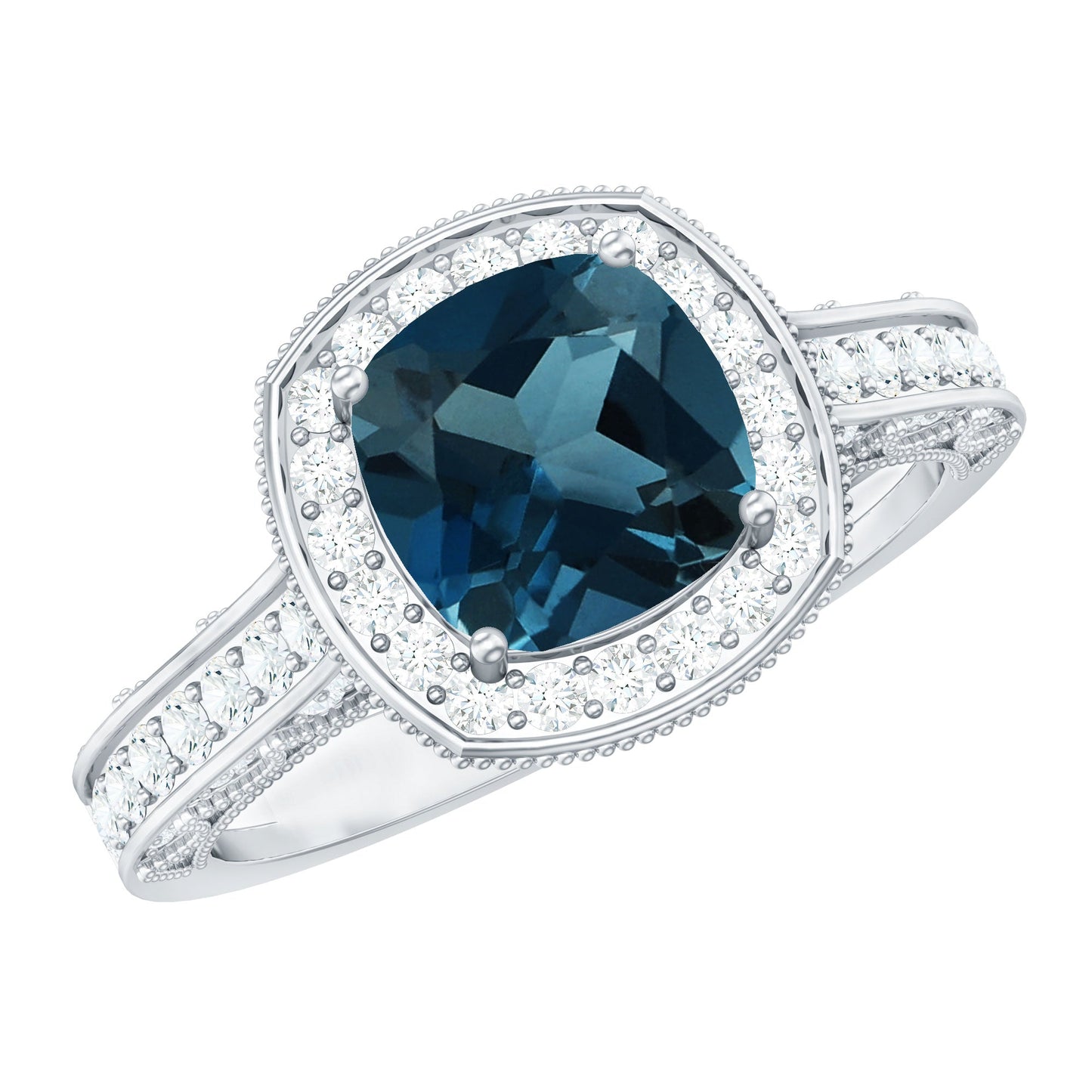 8 mm Cushion Cut London Blue Topaz Halo Engagement Ring with Diamond