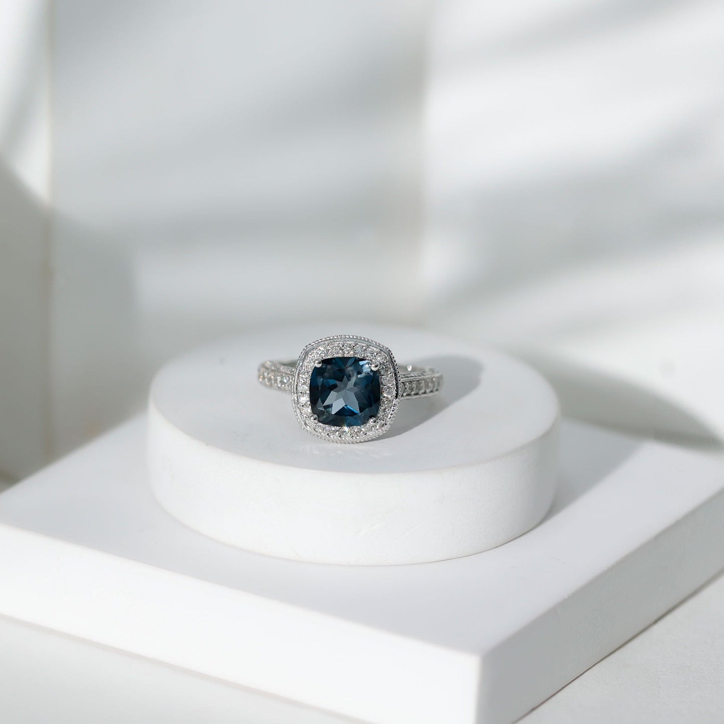 8 mm Cushion Cut London Blue Topaz Halo Engagement Ring with Diamond