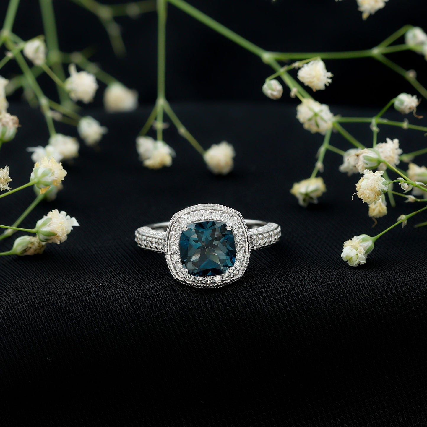 8 mm Cushion Cut London Blue Topaz Halo Engagement Ring with Diamond