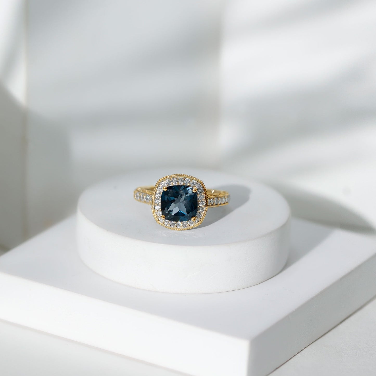 8 mm Cushion Cut London Blue Topaz Halo Engagement Ring with Diamond