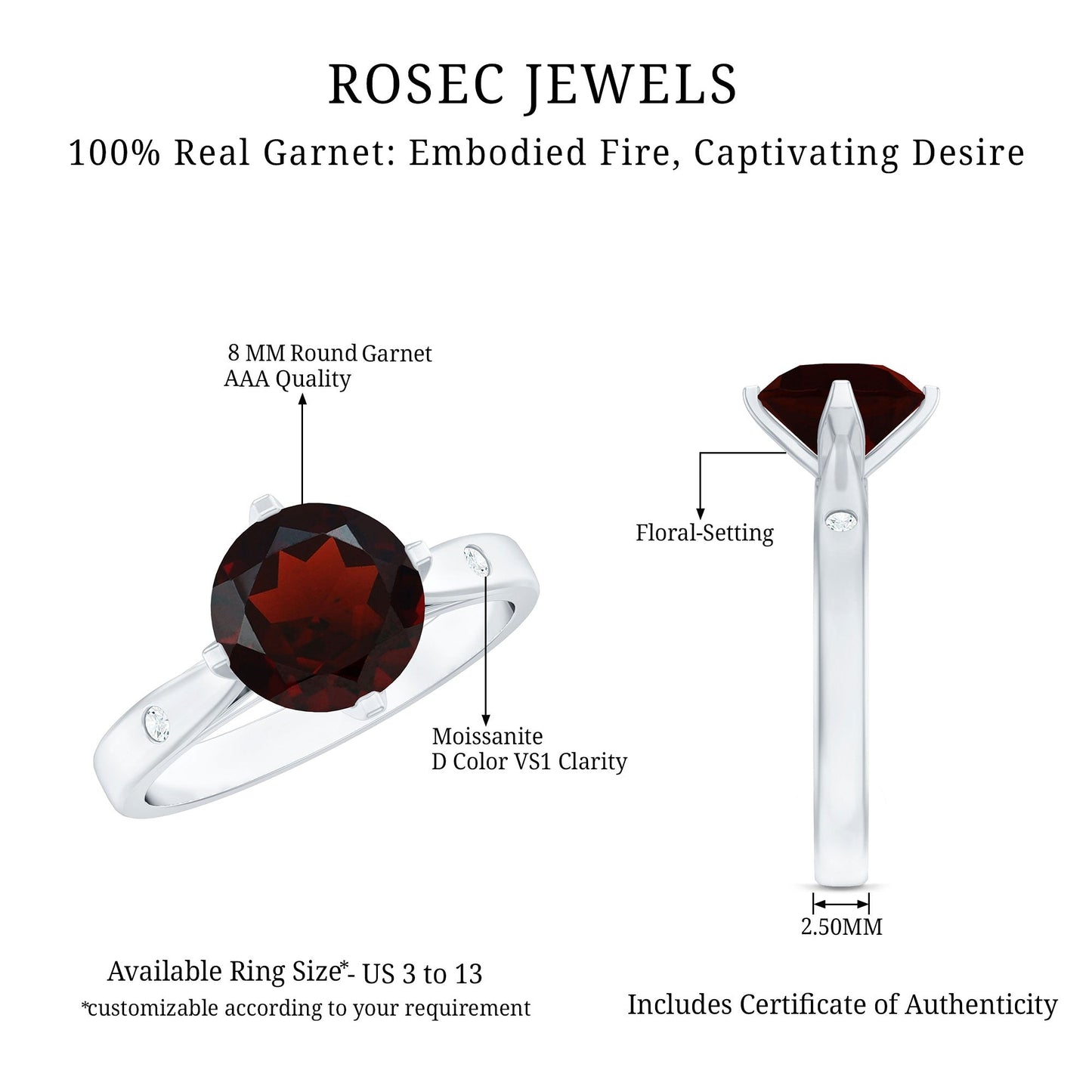 Natural 8mm Round Garnet Solitaire Engagement Ring
