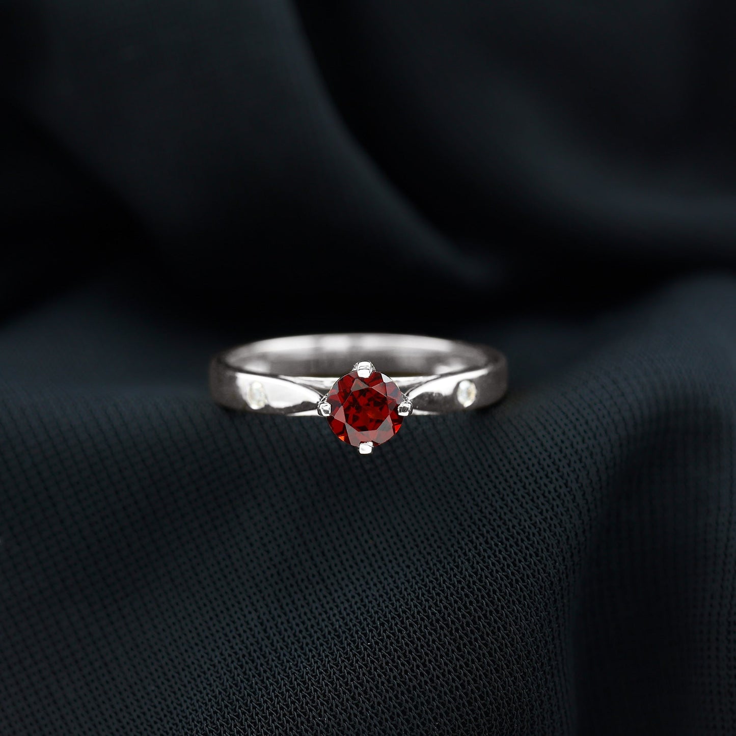 Natural 8mm Round Garnet Solitaire Engagement Ring