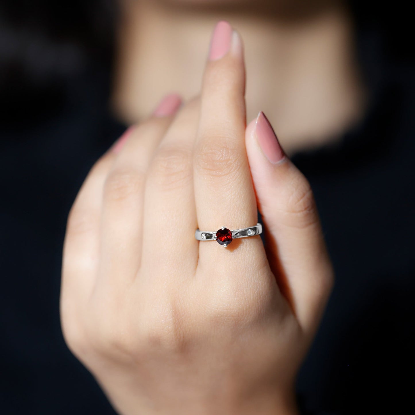 Natural 8mm Round Garnet Solitaire Engagement Ring