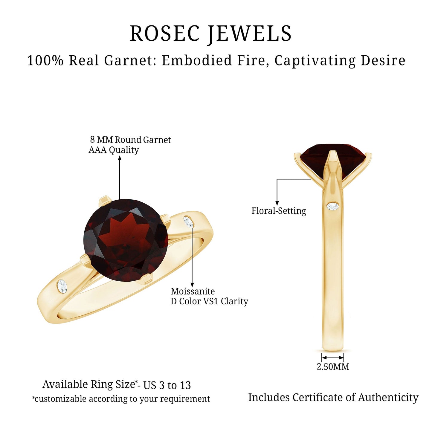 Natural 8mm Round Garnet Solitaire Engagement Ring