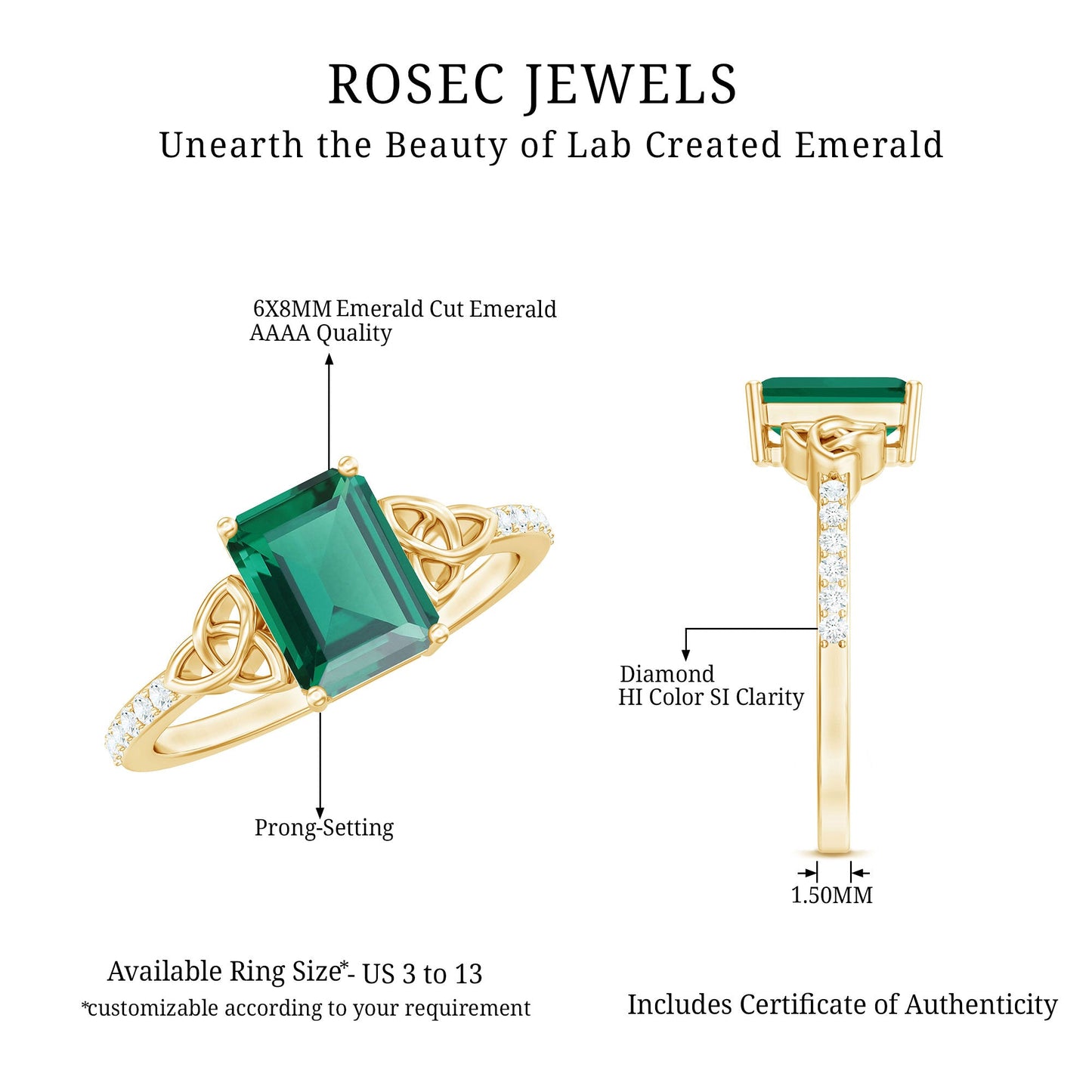 Solitaire Lab Created Emerald Celtic Engagement Ring with Diamond