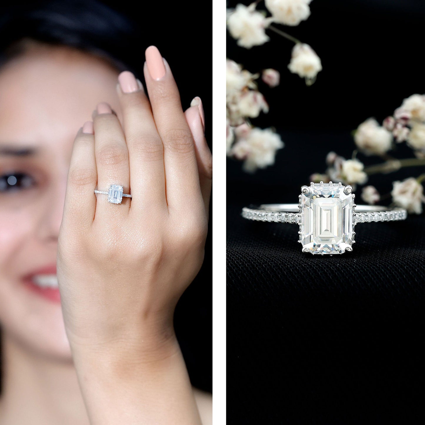 Certified 6X8 MM Moissanite Emerald Cut Engagement Ring