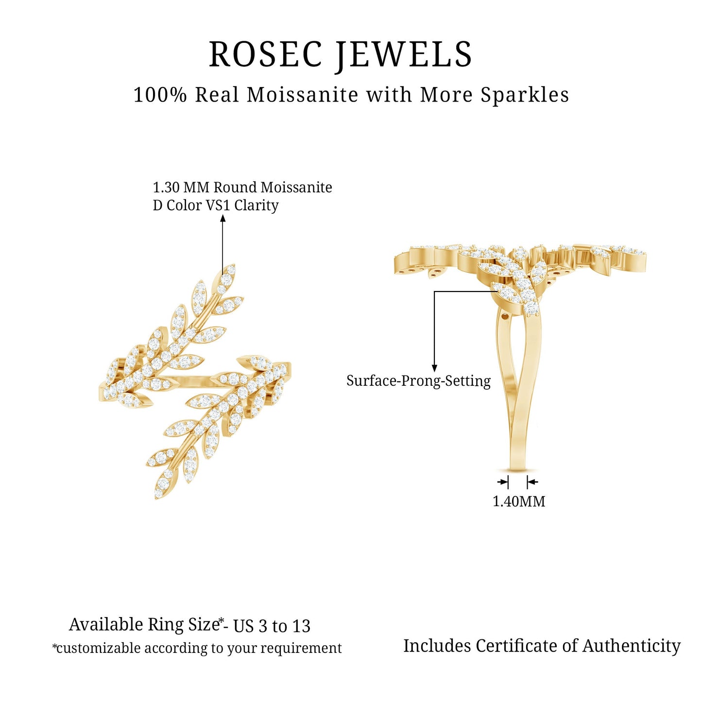 Certified Moissanite Leaf Wrap Ring for Women