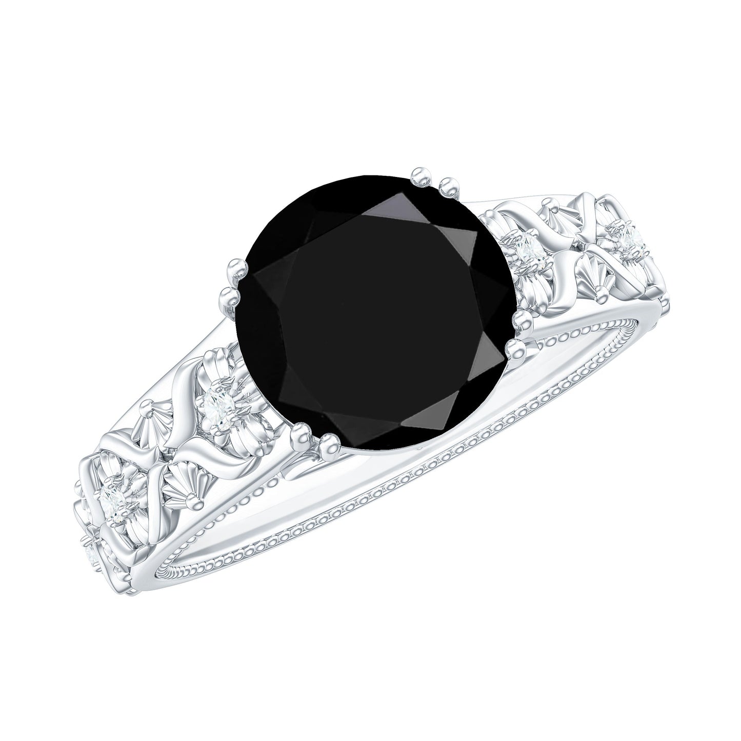 Nature Inspired Black Spinel Solitaire Engagement Ring with Diamond