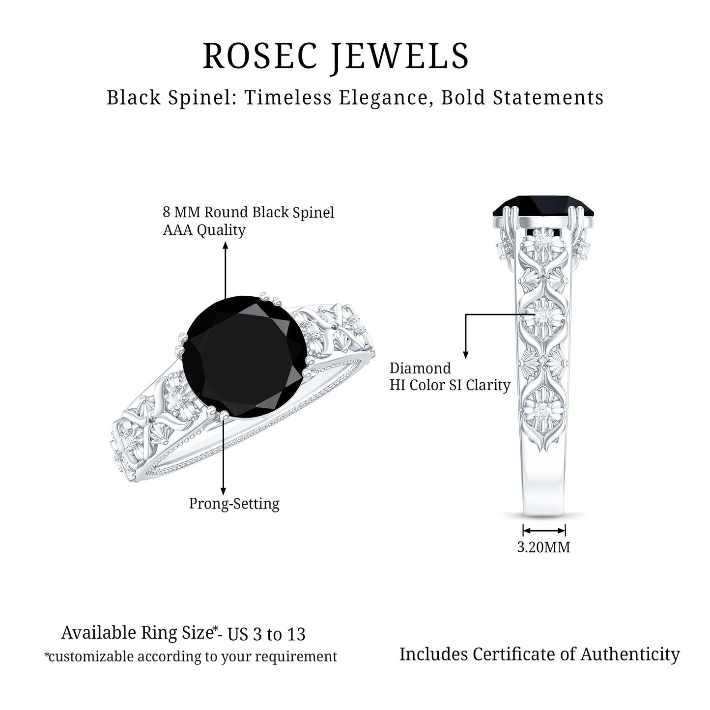 Nature Inspired Black Spinel Solitaire Engagement Ring with Diamond