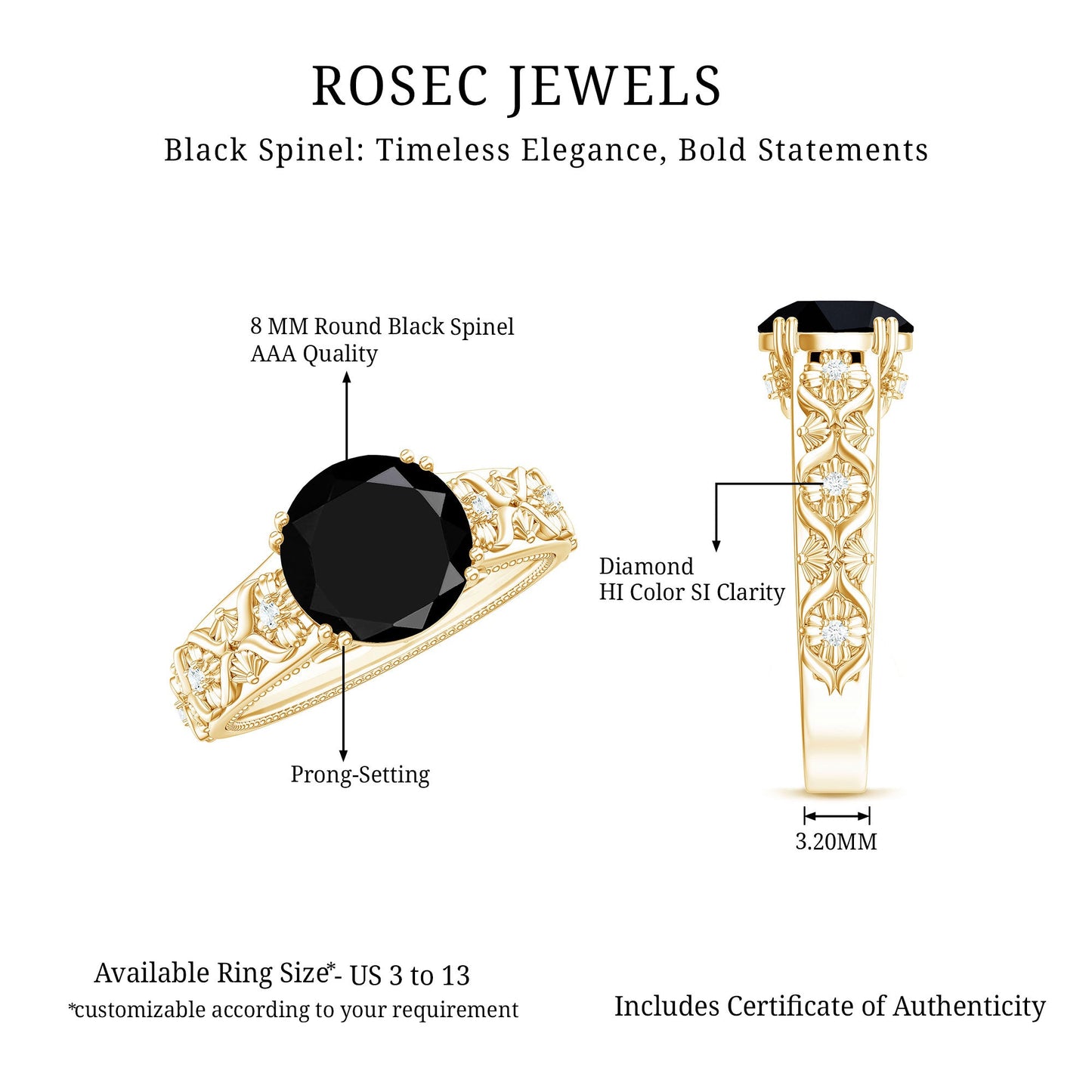 Nature Inspired Black Spinel Solitaire Engagement Ring with Diamond