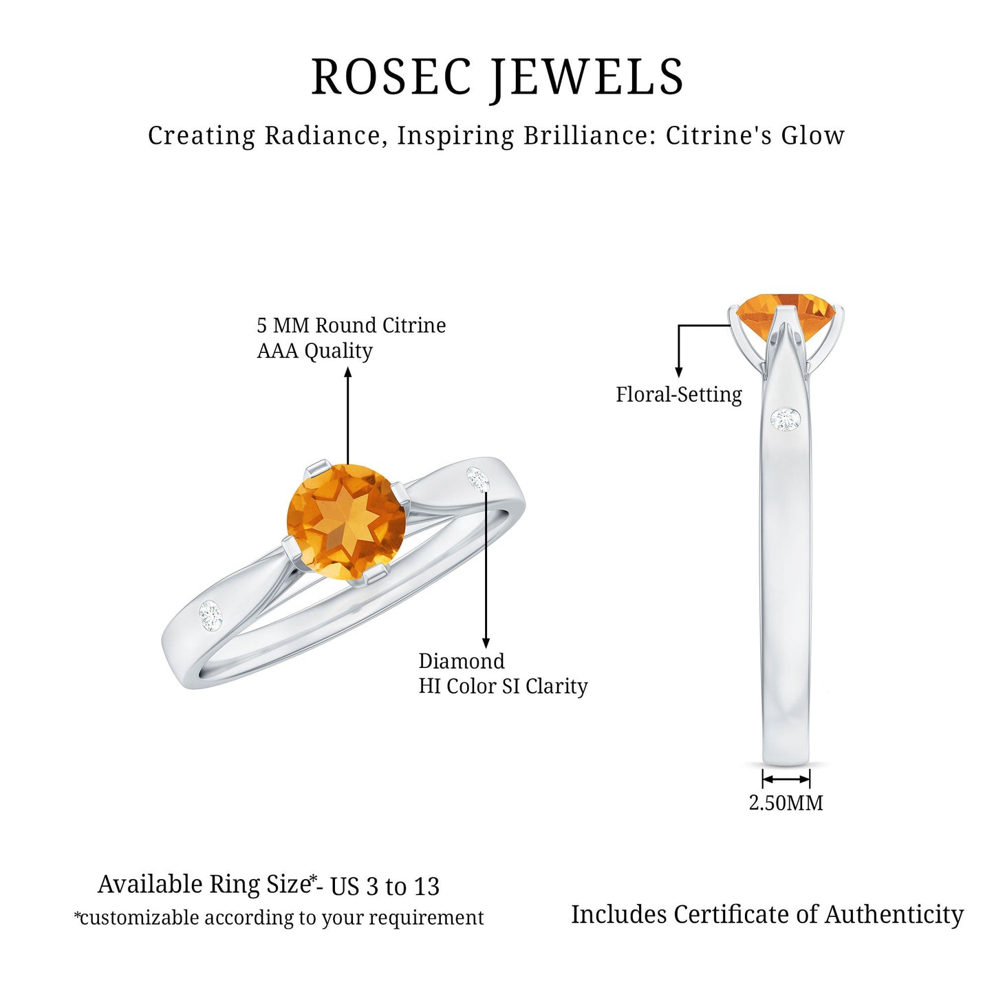 Certified Real Citrine Promise Ring with Diamond
