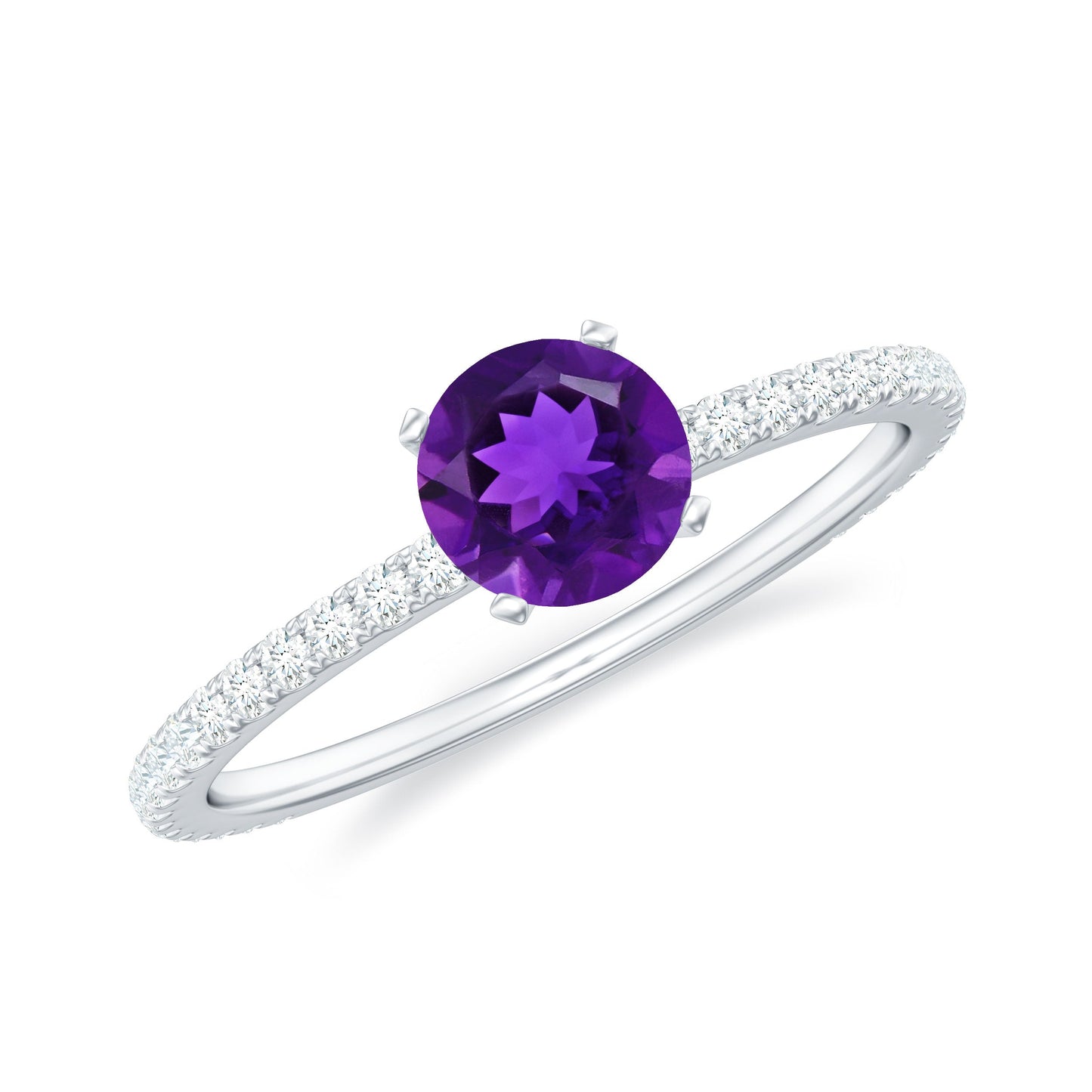 Silver ring with a purple gemstone on a white background