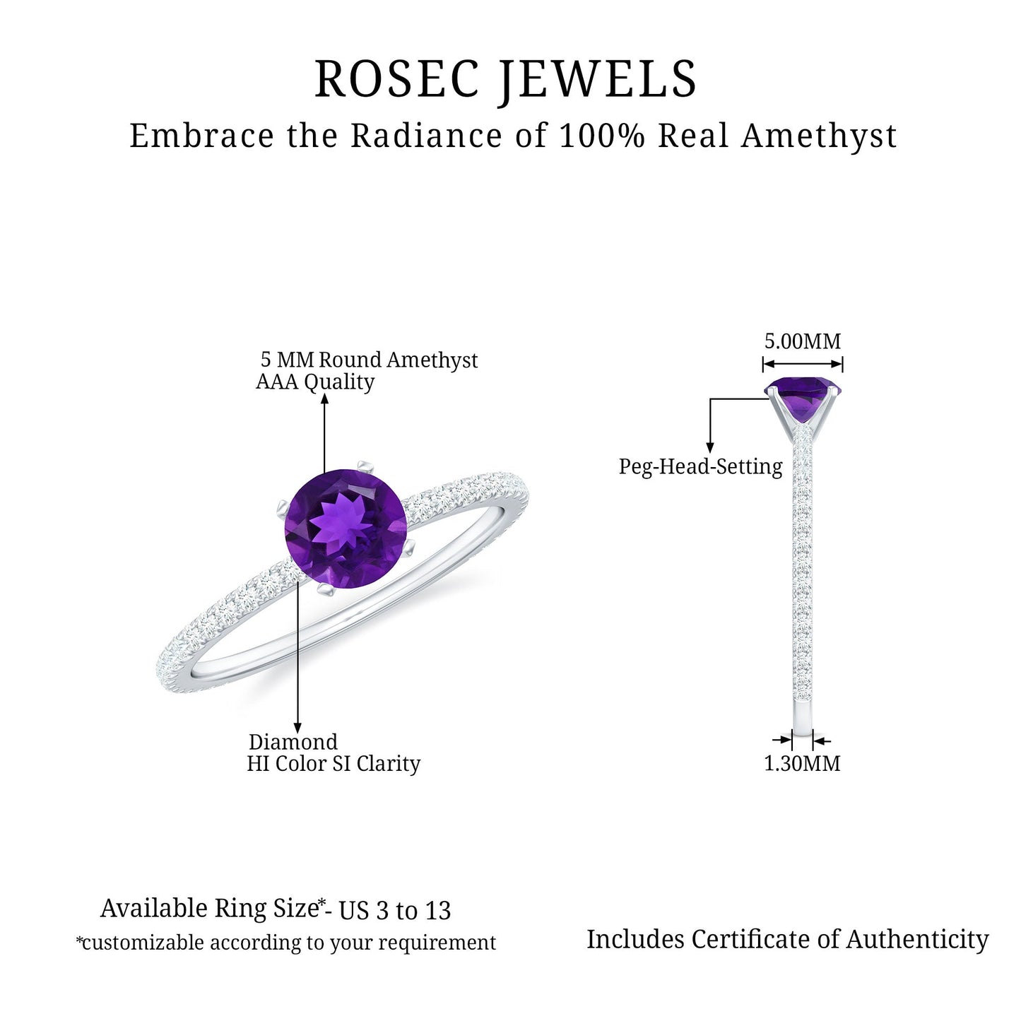 Rosec Jewels amethyst ring with specifications on a white background