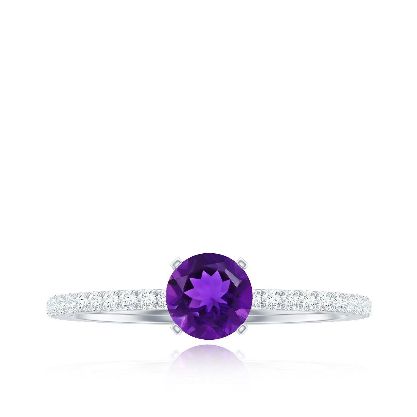 Ring with a purple gemstone and diamond-studded band on a white background