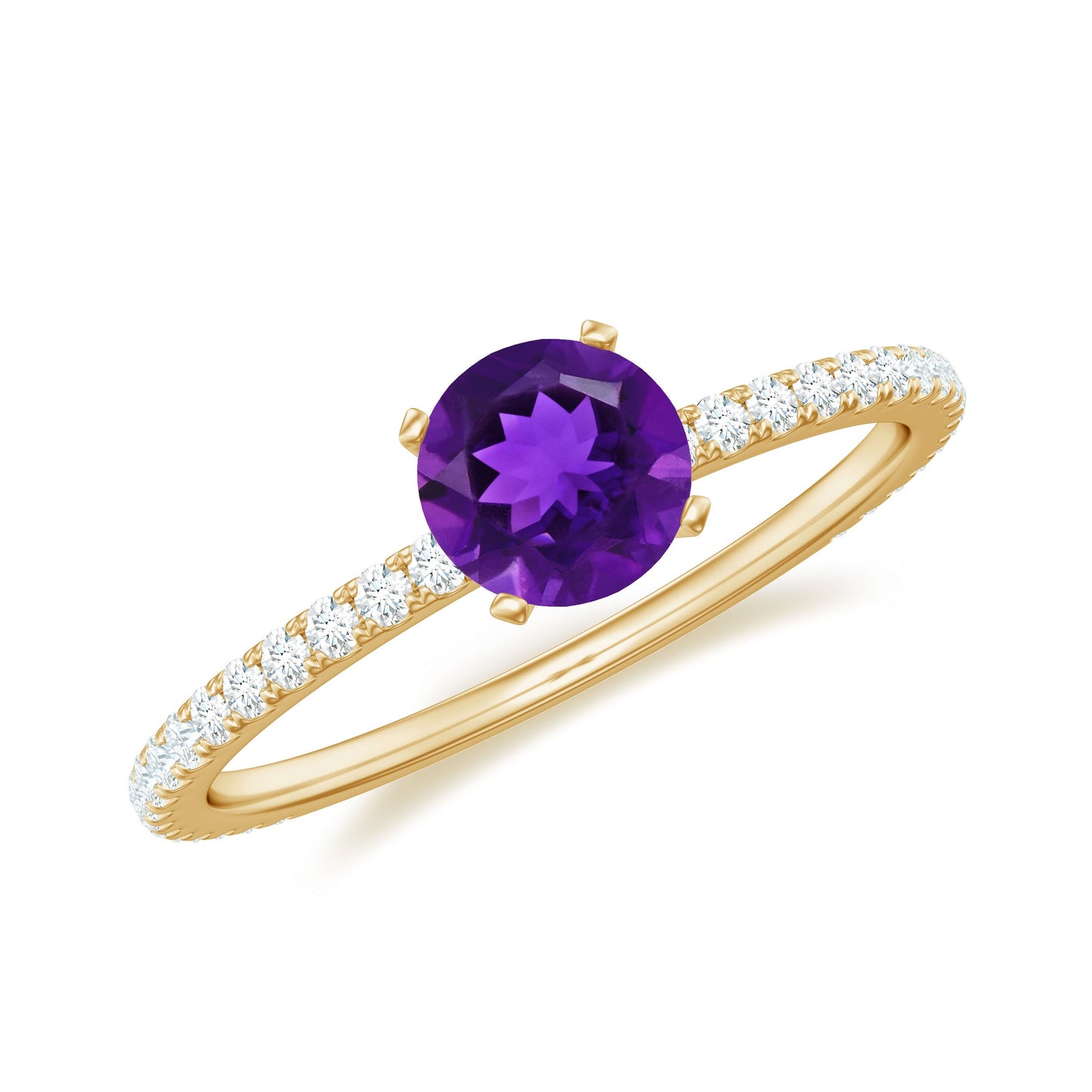Gold ring with a purple gemstone and diamond accents on a white background