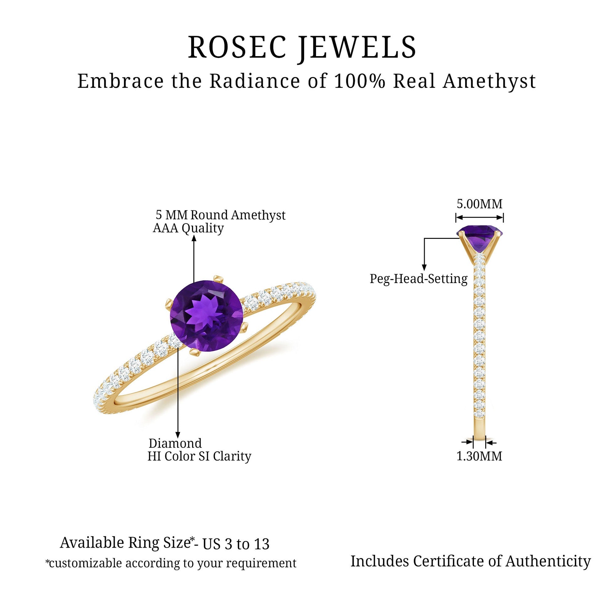 Rosec Jewels amethyst ring with specifications on a white background