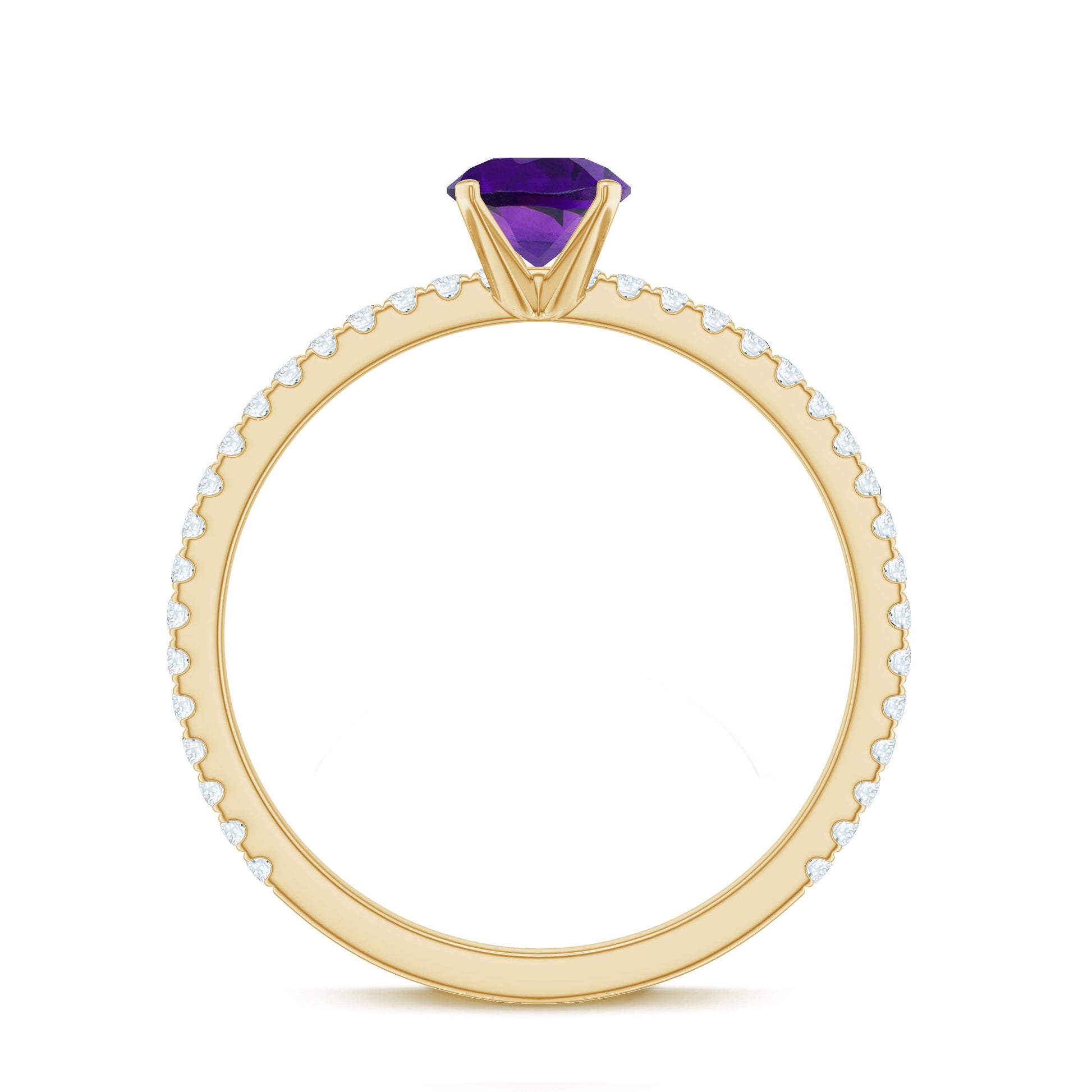 Gold ring with a purple gemstone on a white background