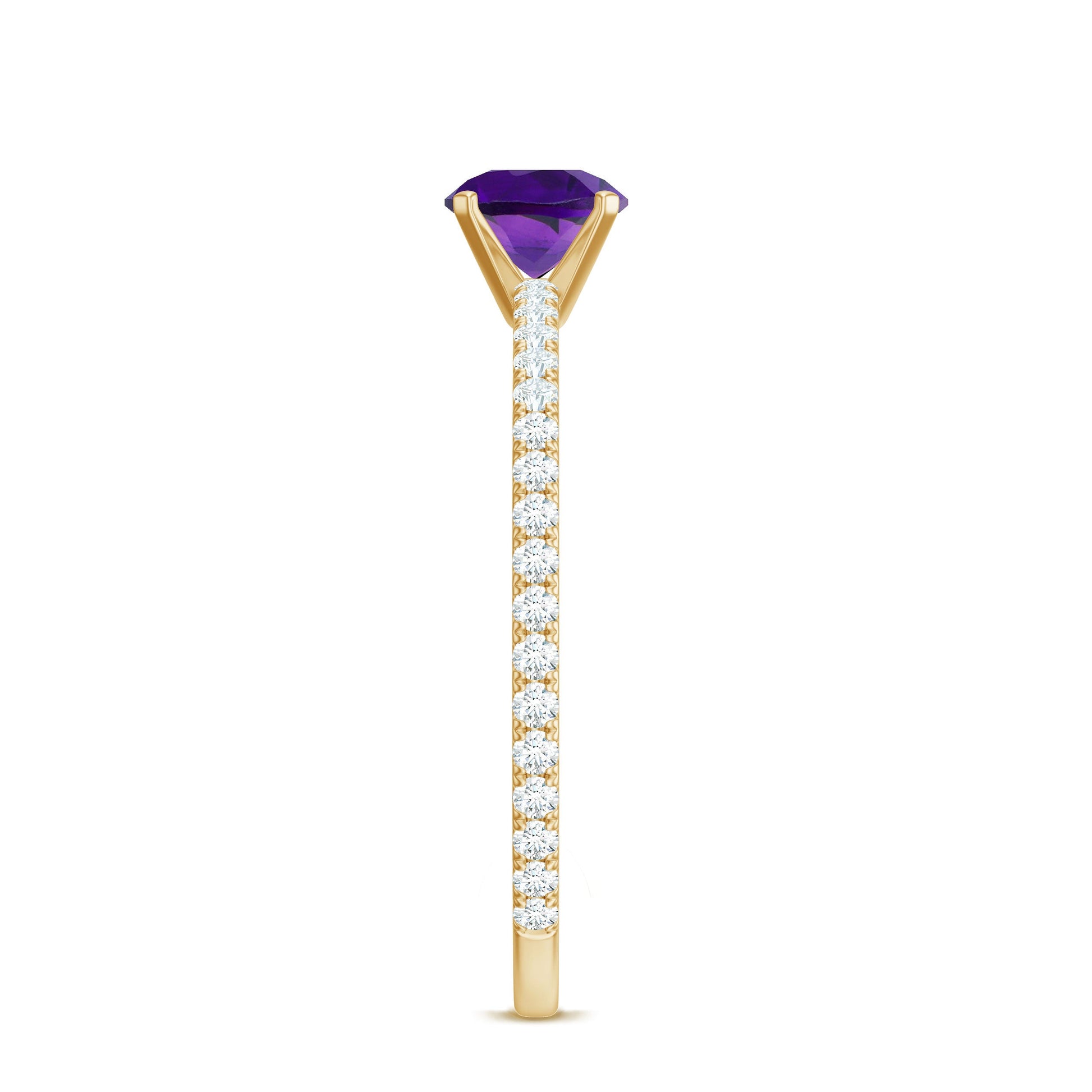 Gold ring with a purple gemstone and diamond-studded band on a white background
