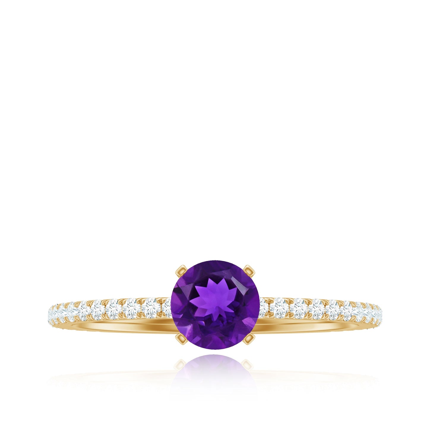 Gold ring with a purple gemstone and diamond accents on a white background