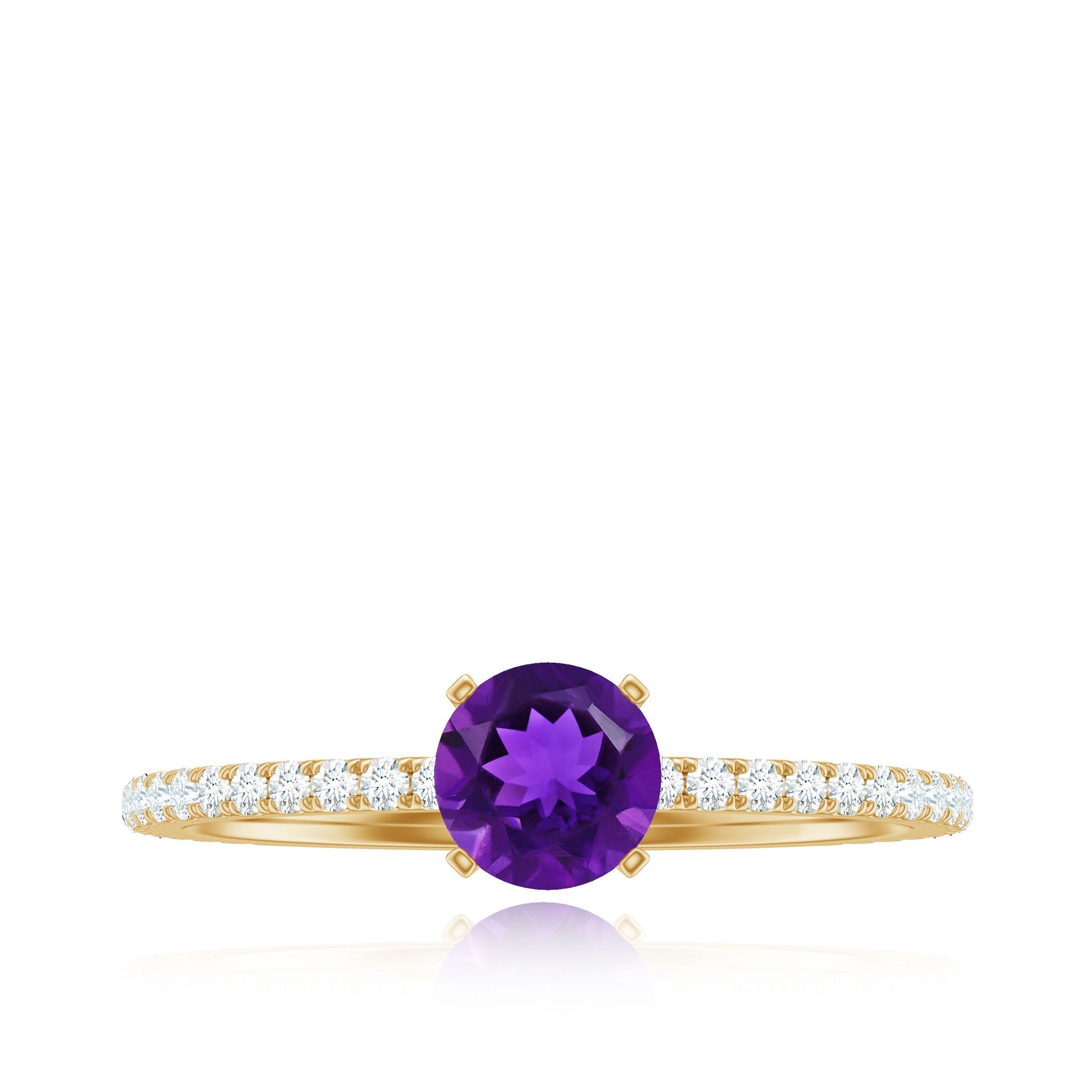 Gold ring with a purple gemstone and diamond accents on a white background