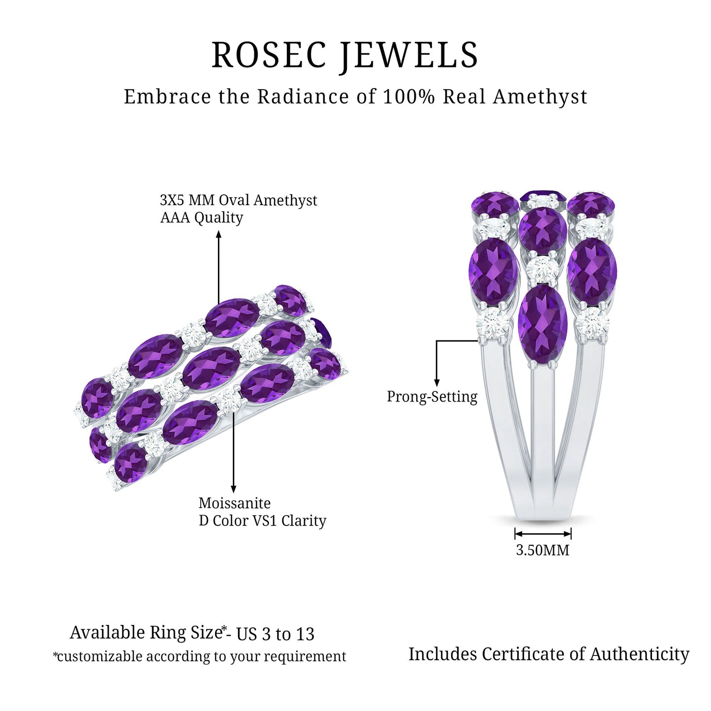 3.50 CT Amethyst and Moissanite Three Row Wedding Band
