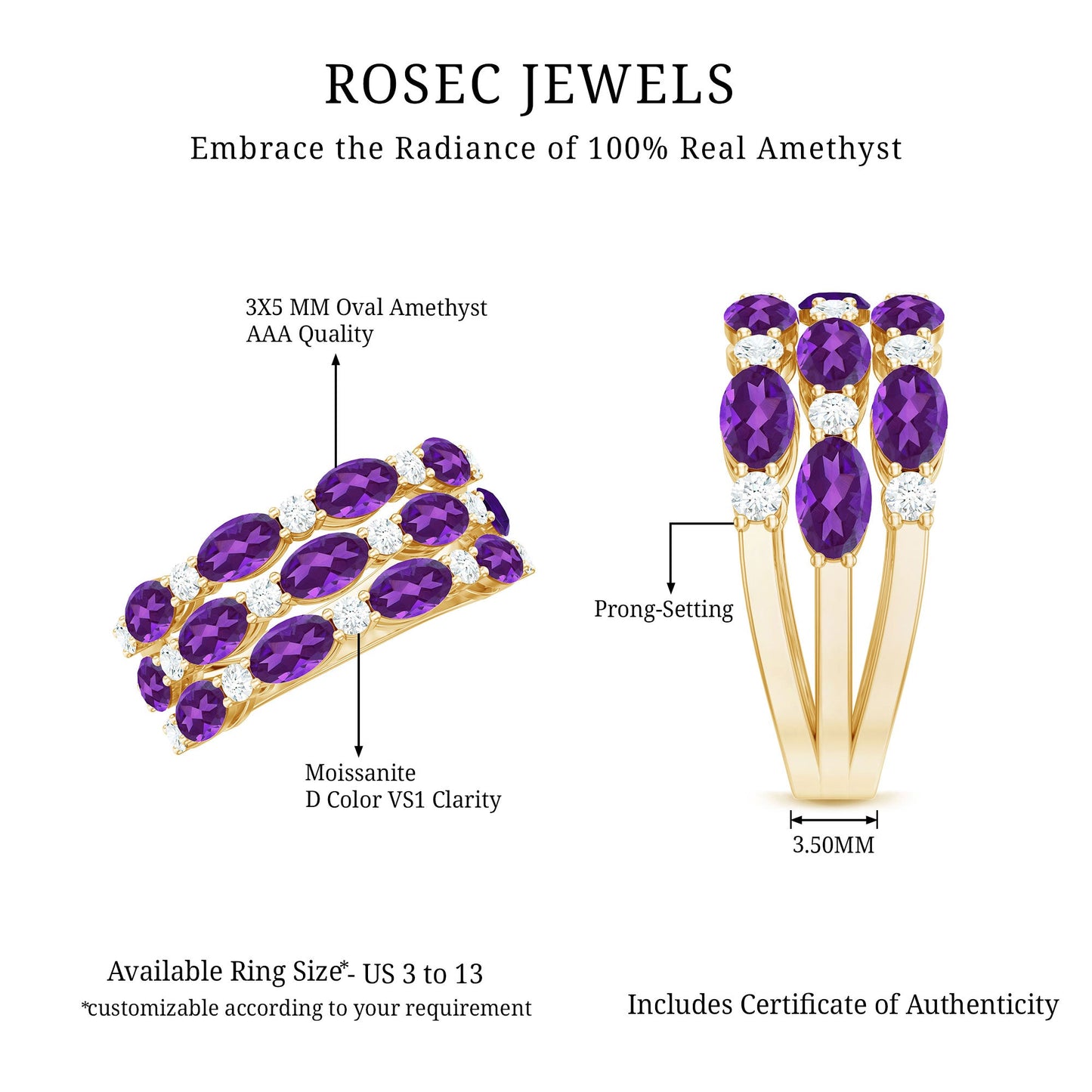 3.50 CT Amethyst and Moissanite Three Row Wedding Band