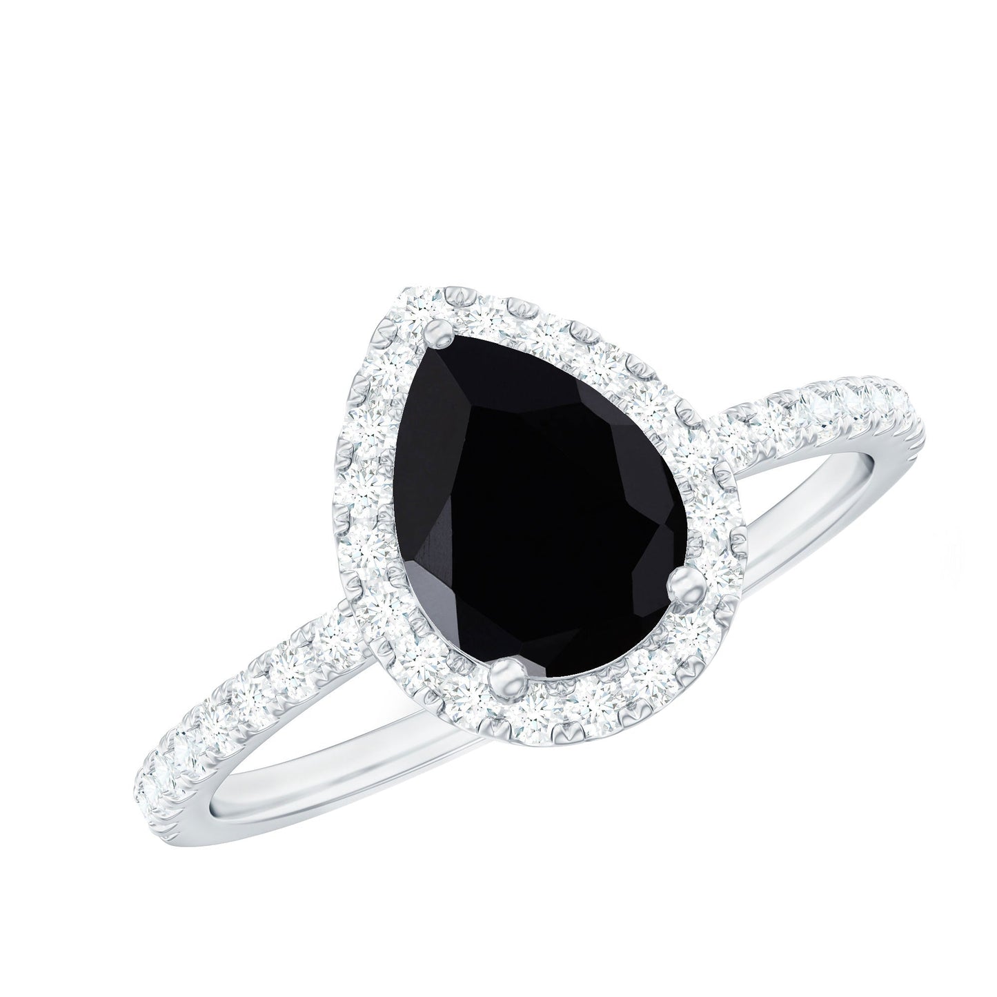 6X8 MM Black Onyx Pear Engagement Ring with Diamond Halo