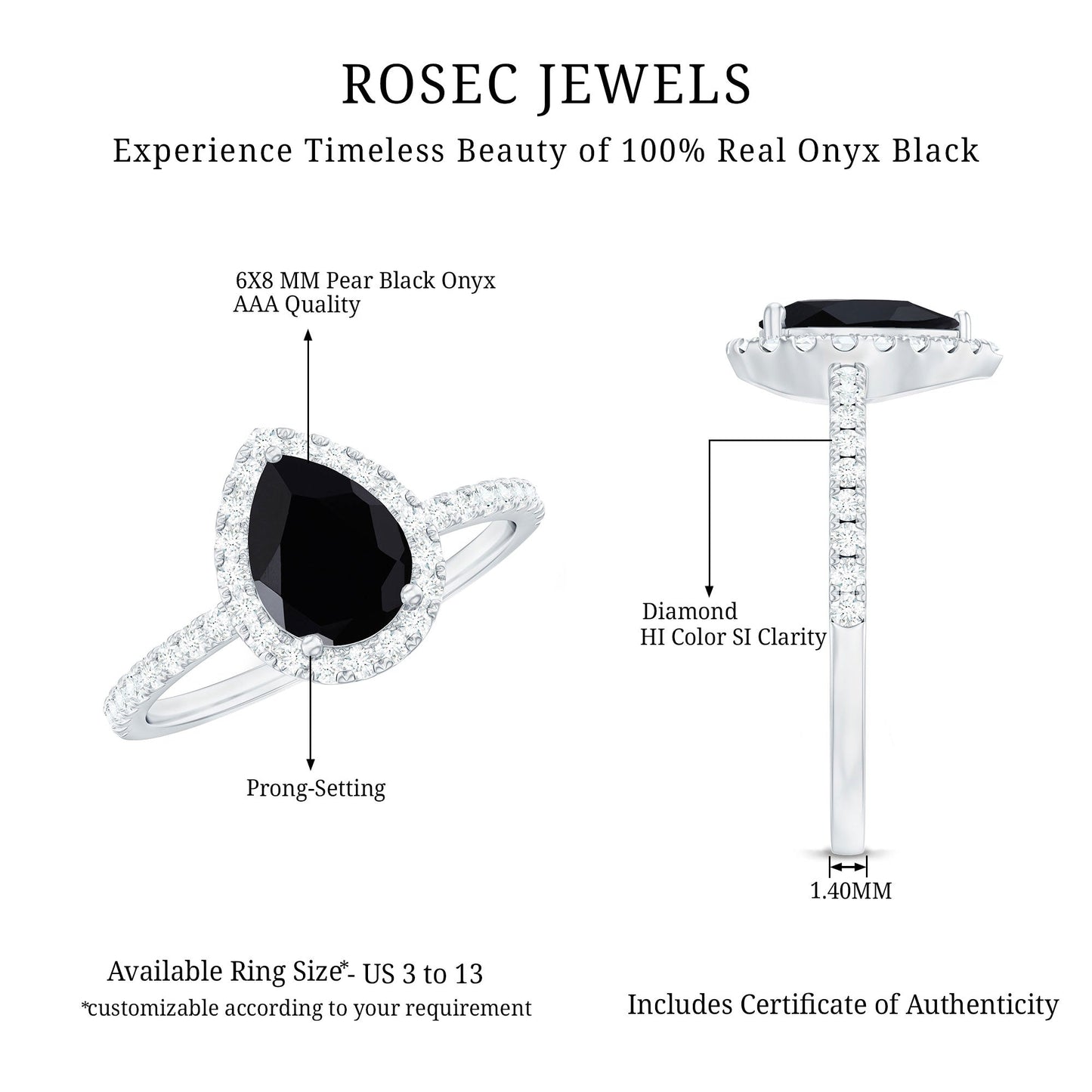 6X8 MM Black Onyx Pear Engagement Ring with Diamond Halo