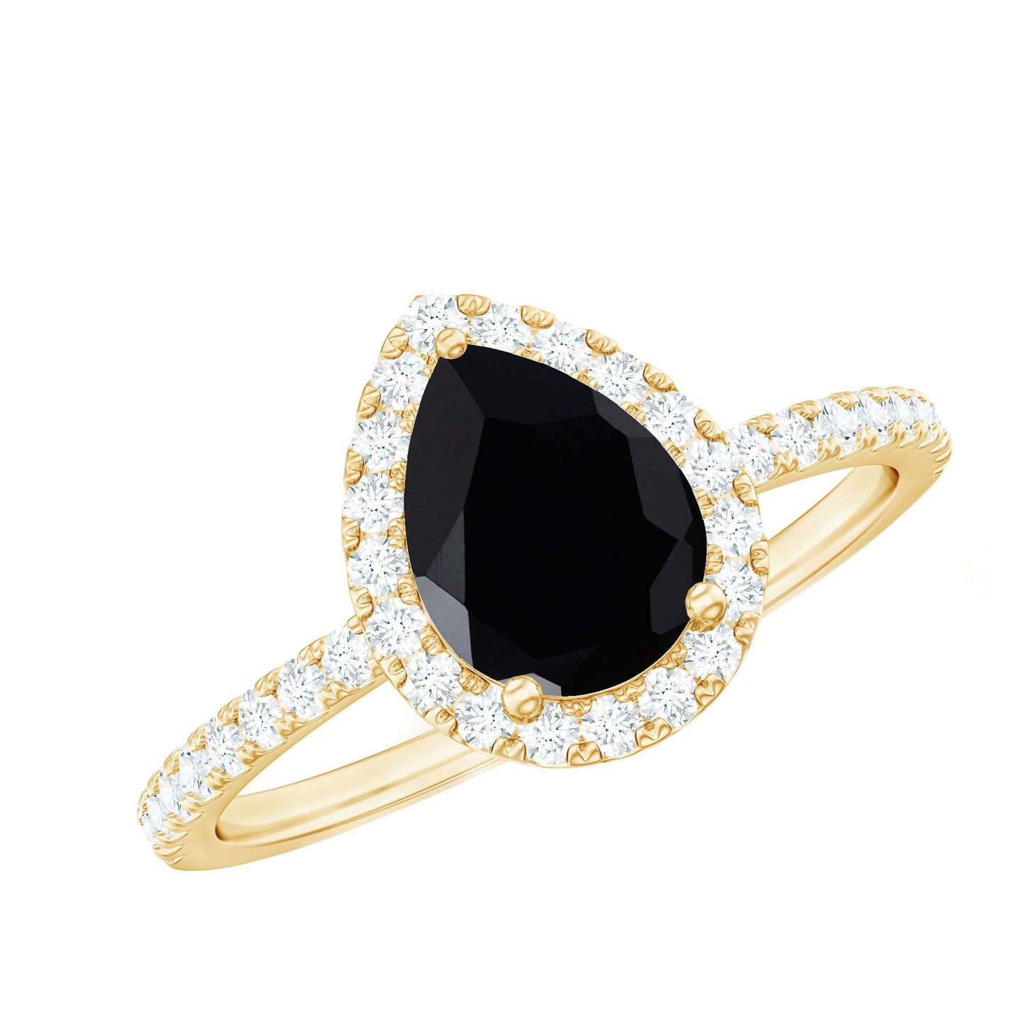 6X8 MM Black Onyx Pear Engagement Ring with Diamond Halo