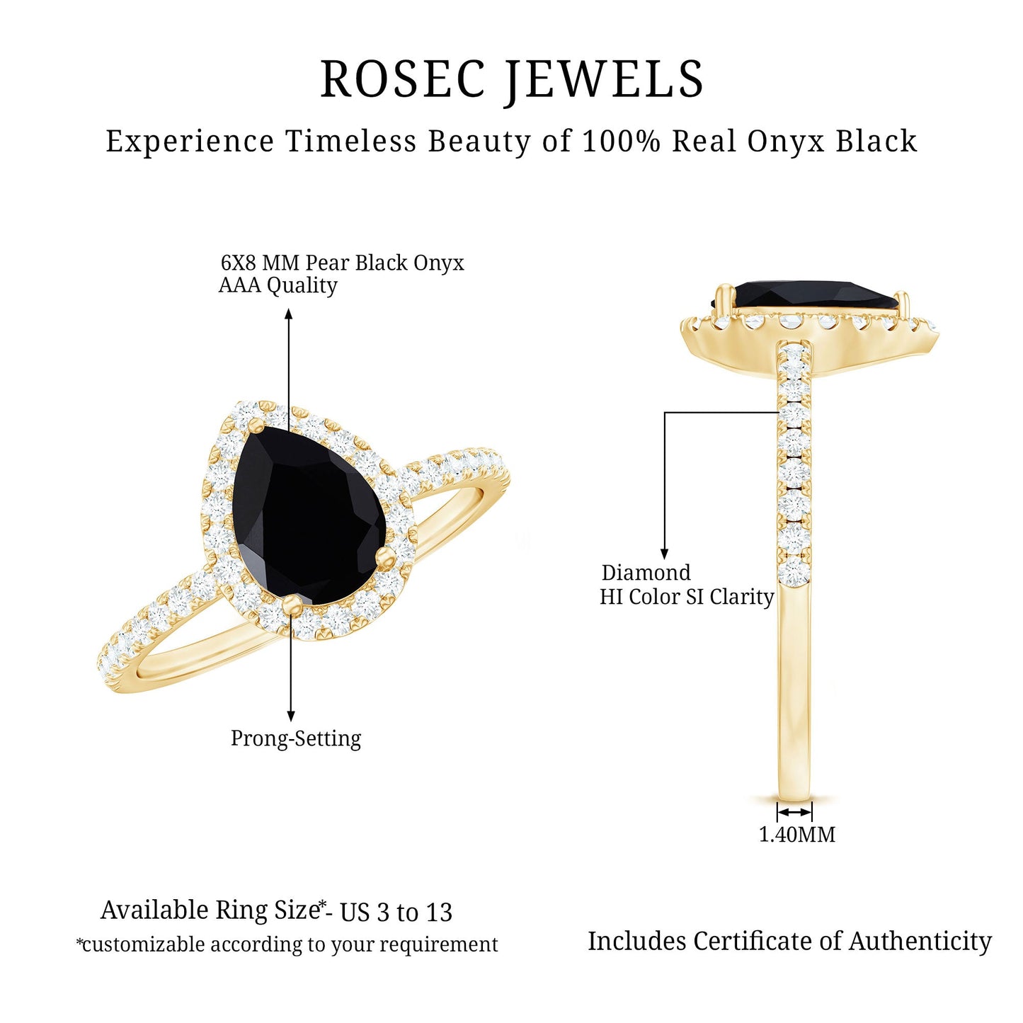 6X8 MM Black Onyx Pear Engagement Ring with Diamond Halo
