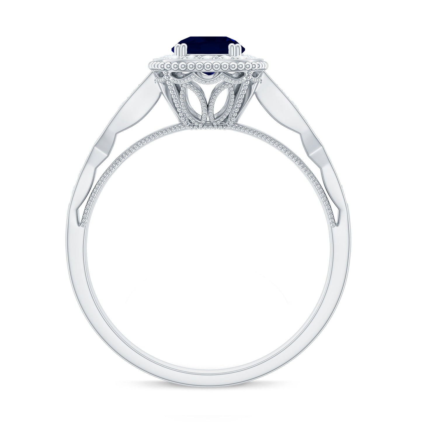 1.25 CT Round Blue Sapphire Antique Engagement Ring with Diamond Halo
