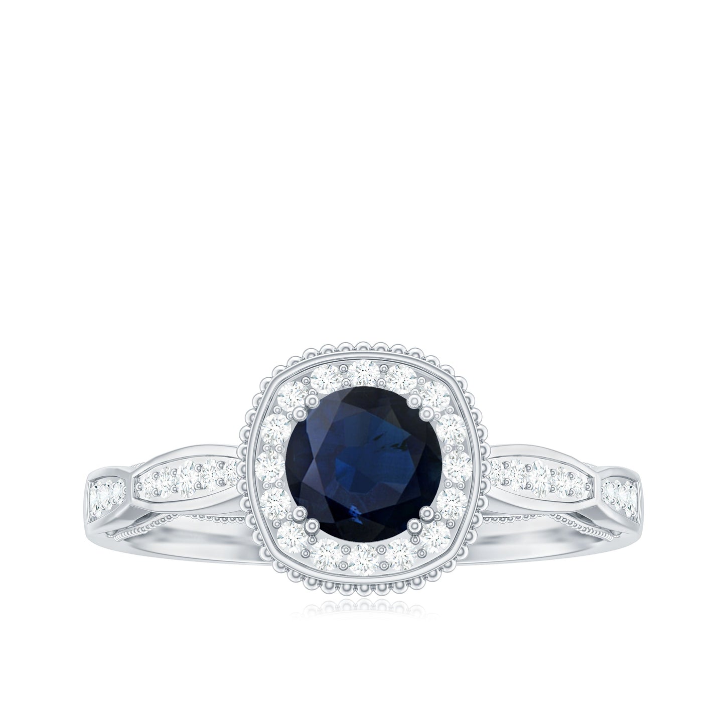 1.25 CT Round Blue Sapphire Antique Engagement Ring with Diamond Halo