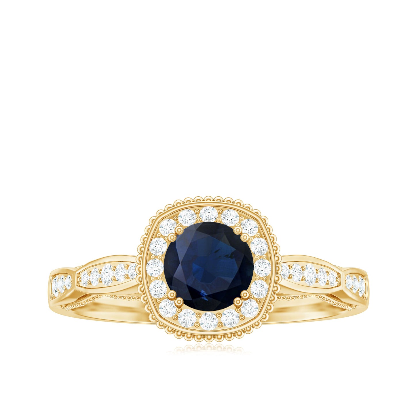 1.25 CT Round Blue Sapphire Antique Engagement Ring with Diamond Halo