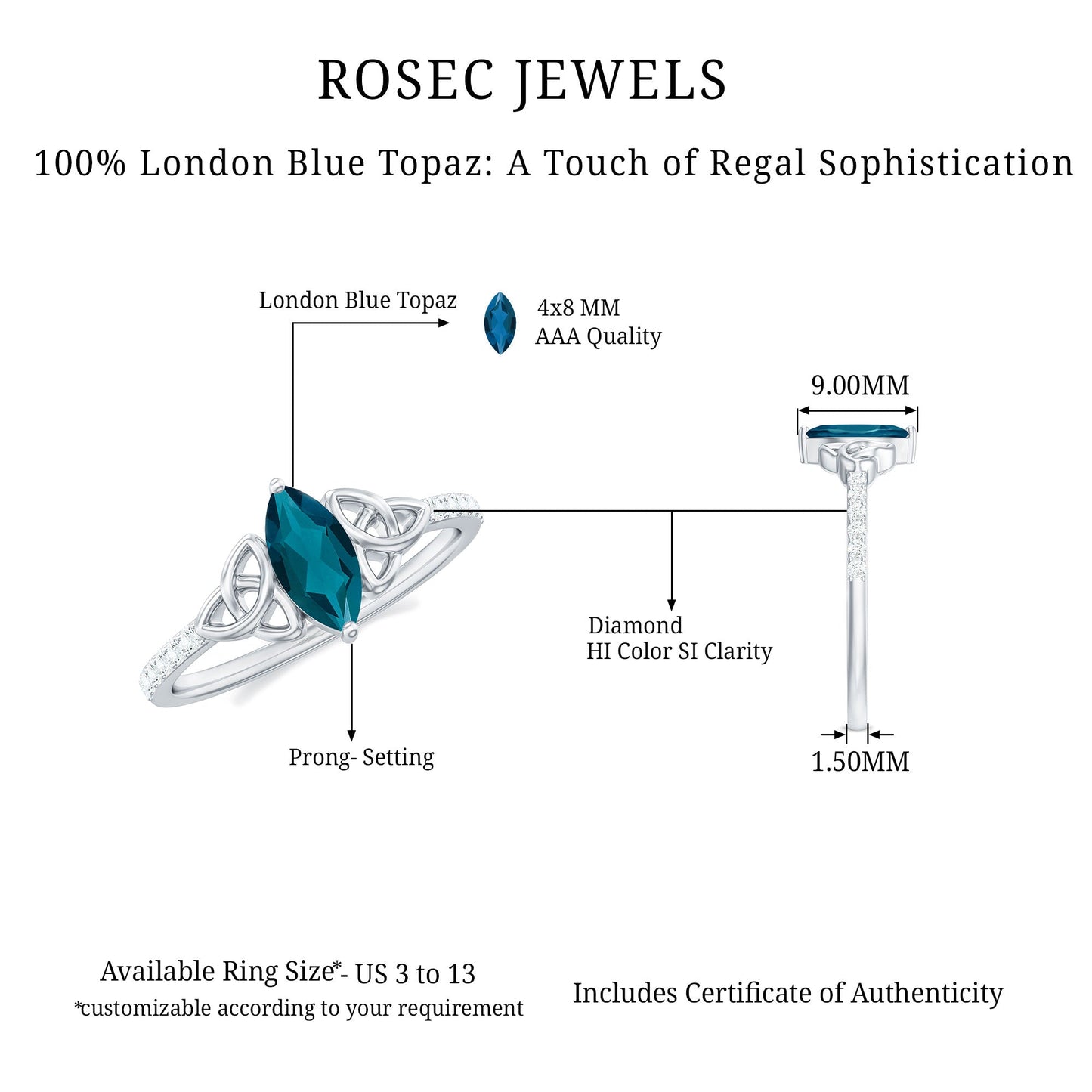 4x8mm Marquise Cut London Blue Topaz Celtic Engagement Ring with Diamond