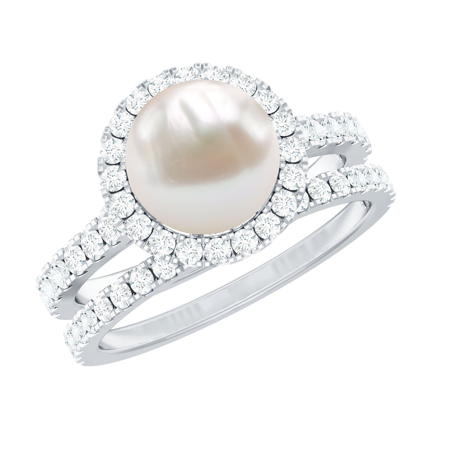 Round Freshwater Pearl and Moissanite Halo Wedding Ring Set