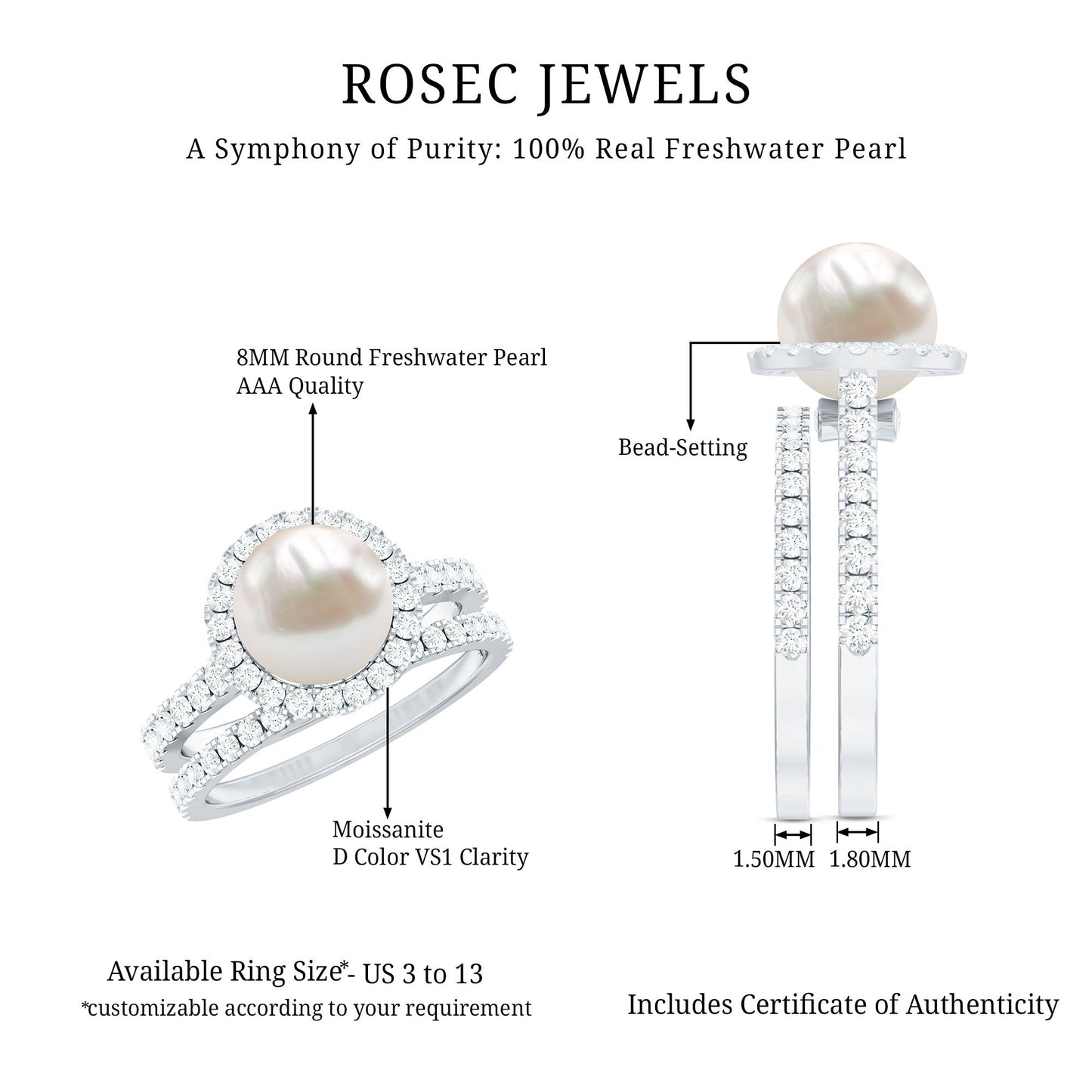 Round Freshwater Pearl and Moissanite Halo Wedding Ring Set