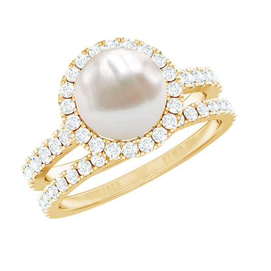 Round Freshwater Pearl and Moissanite Halo Wedding Ring Set