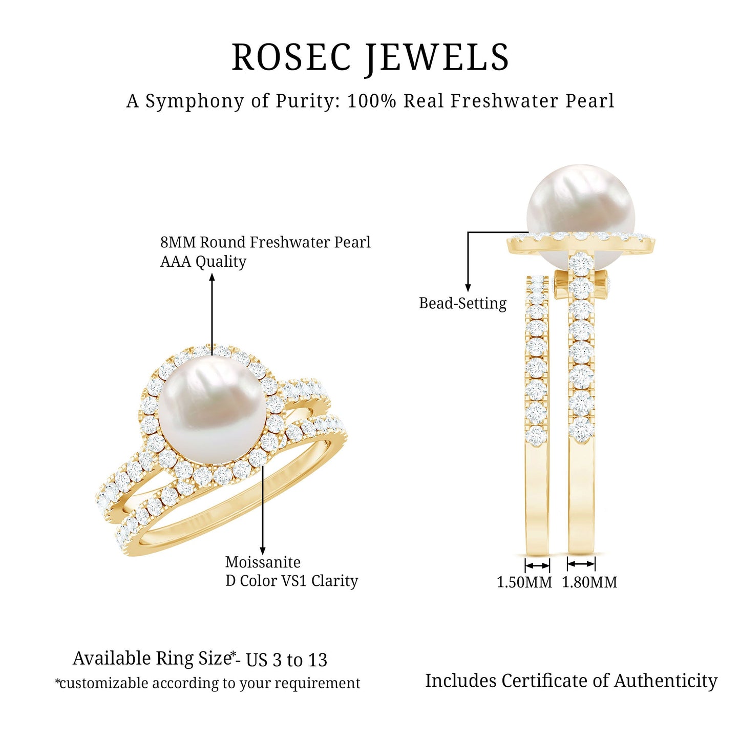Round Freshwater Pearl and Moissanite Halo Wedding Ring Set