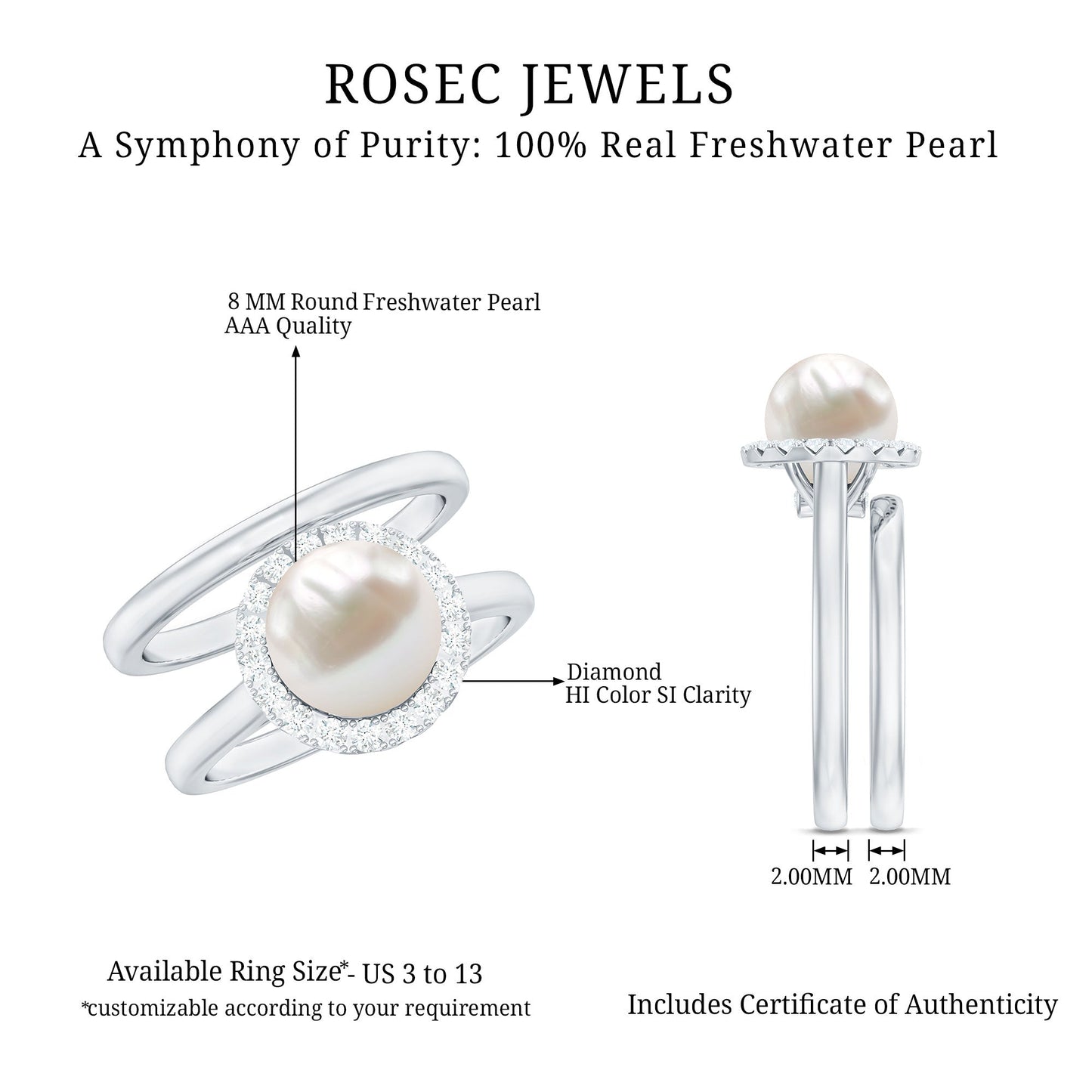 Real Freshwater Pearl Halo Wedding Ring Set with Plain Band