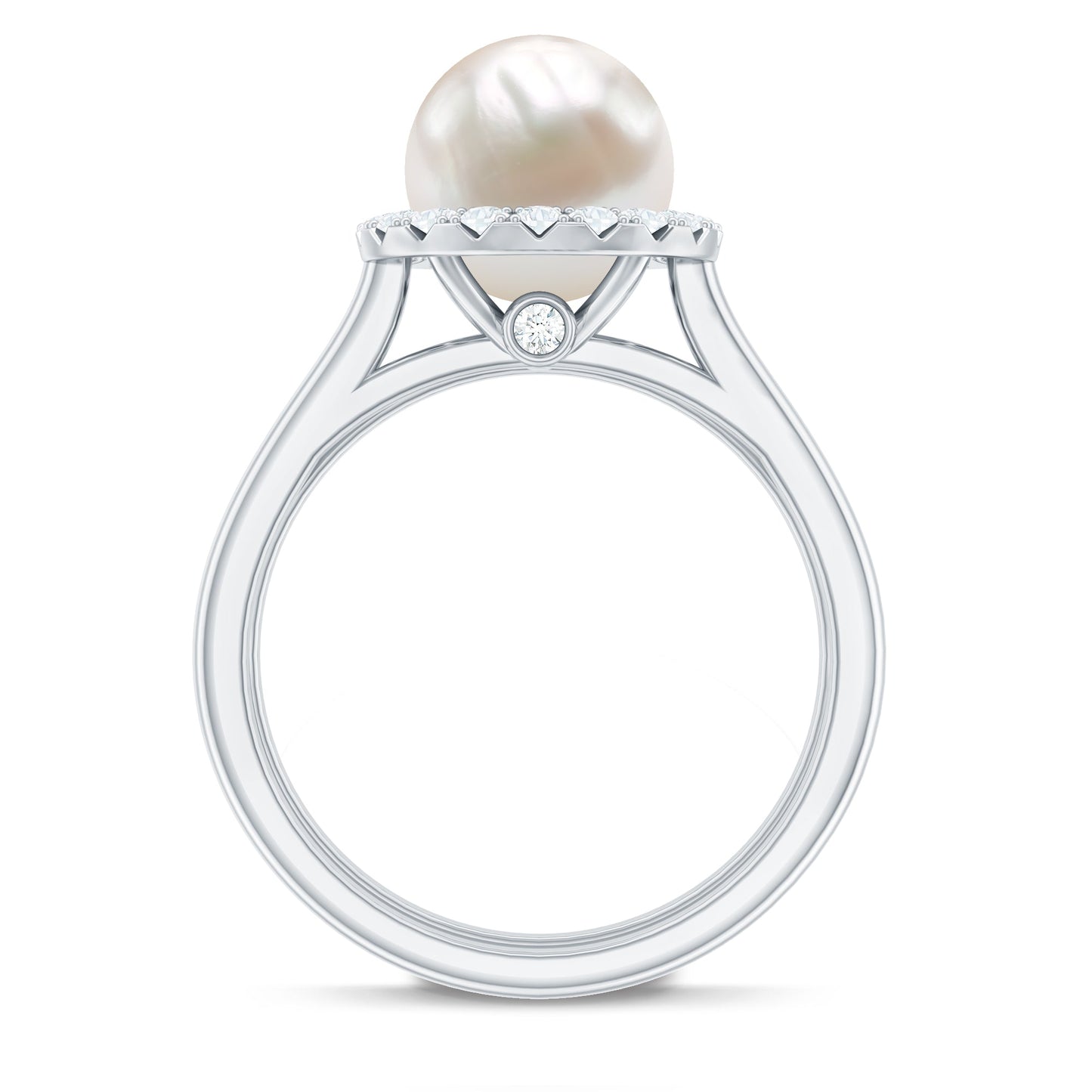 Real Freshwater Pearl Halo Wedding Ring Set with Plain Band