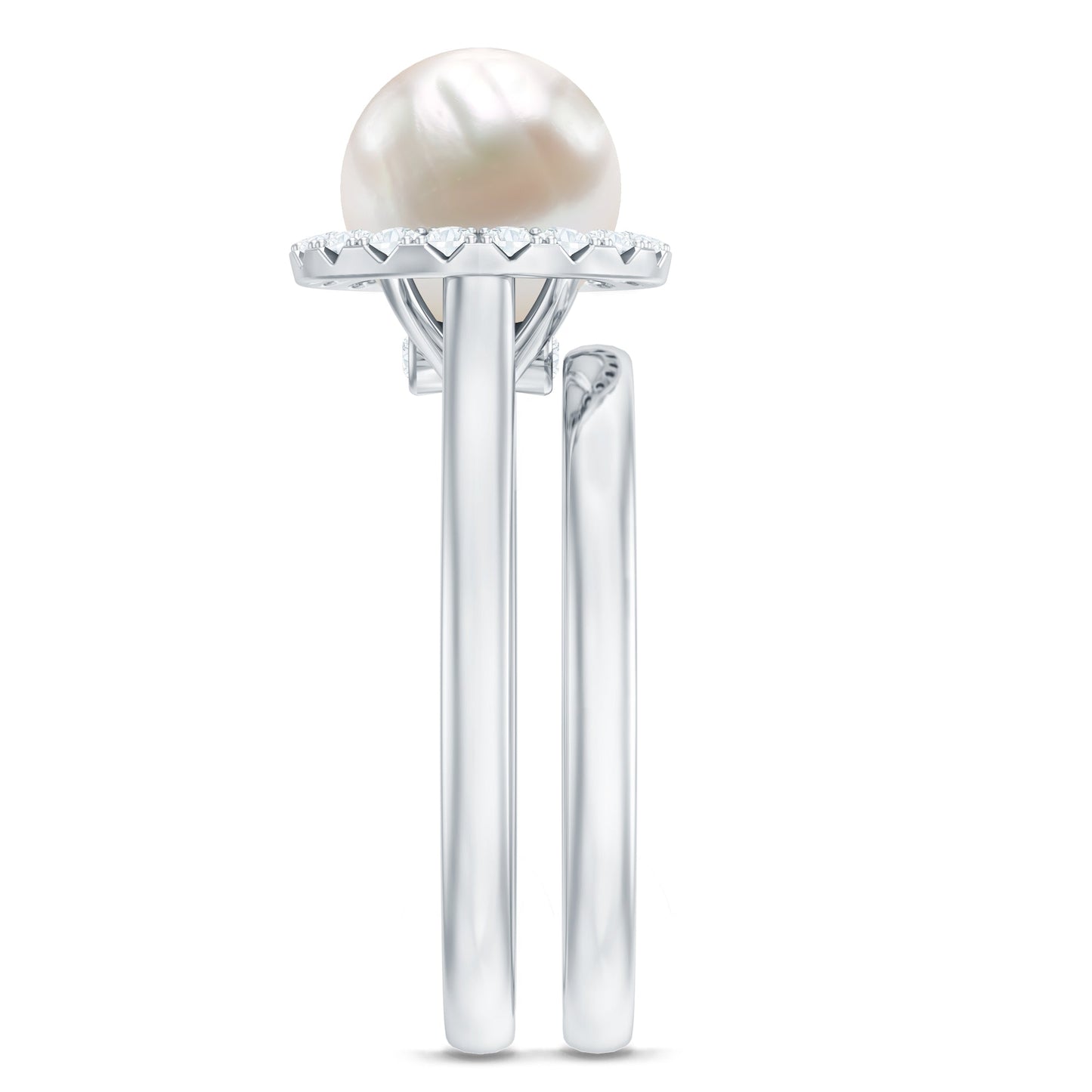 Real Freshwater Pearl Halo Wedding Ring Set with Plain Band